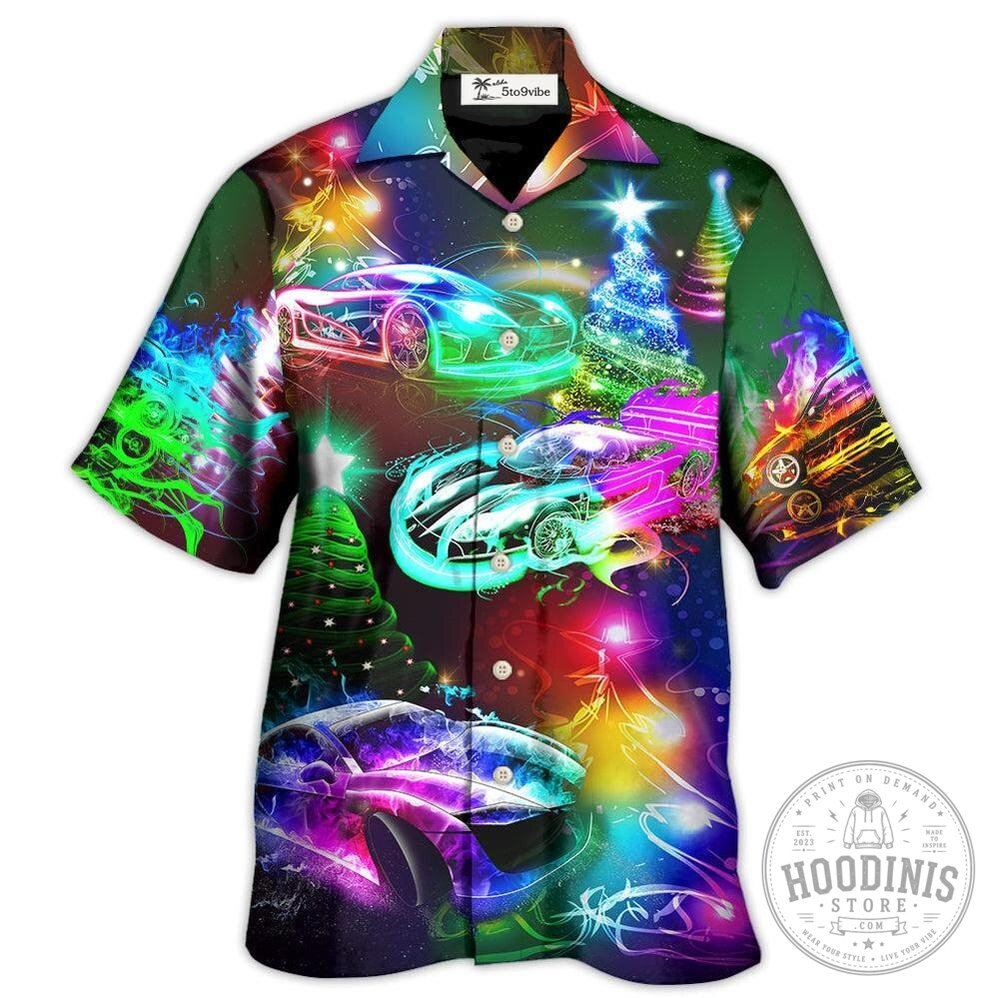 Neon Racing Cars Christmas Tree Lights Holiday Hawaiian Shirt