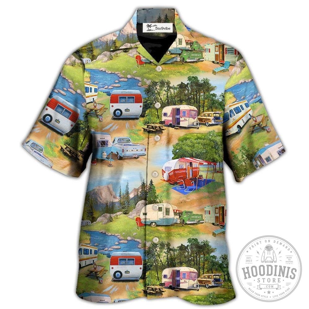 Vintage Camper Van Camping Scene Hawaiian Shirt for Men and Women