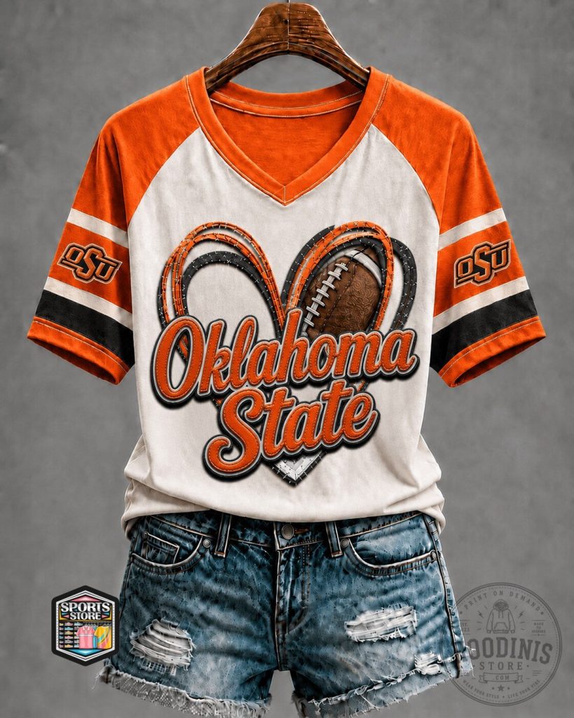Oklahoma State Cowboys Football Heart Graphic White and Orange V-Neck T-Shirt 12 Oklahoma State Cowboys Football Heart Graphic White and Orange V-Neck T-Shirt