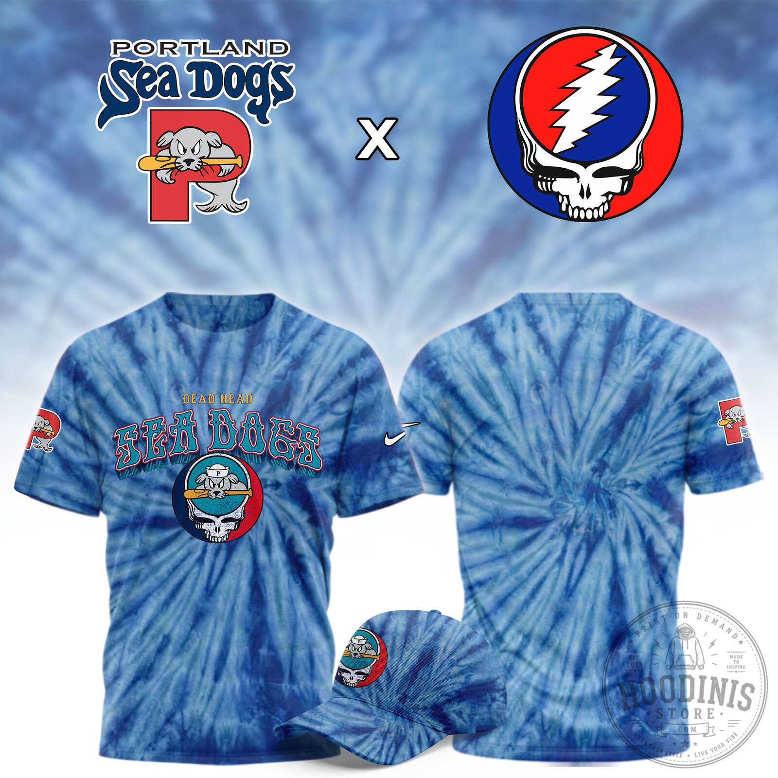Grateful Dead Portland Sea Dogs Tie-Dye Baseball Fan T-Shirt