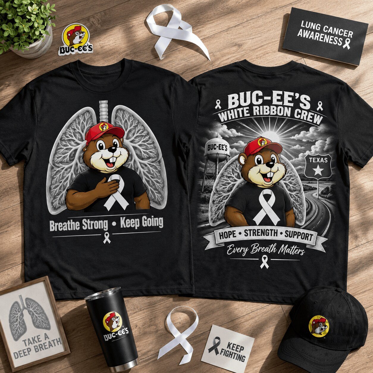 Buc-ee's Shirt Lung Cancer Awareness White Ribbon Crew Black T-Shirt