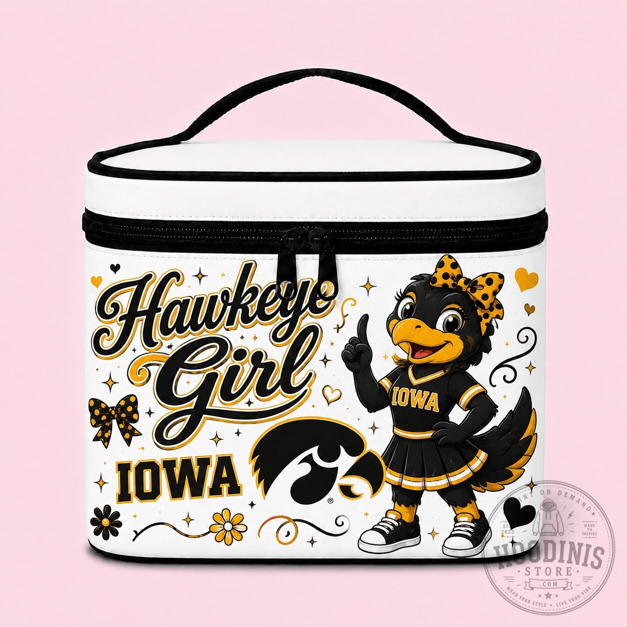 Iowa Hawkeyes Girl Mascot Black and Gold Cosmetic Bag
