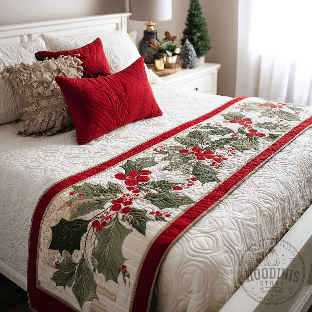 Christmas Holly Berry Quilted Bed Runner for Holiday Bedroom Decor
