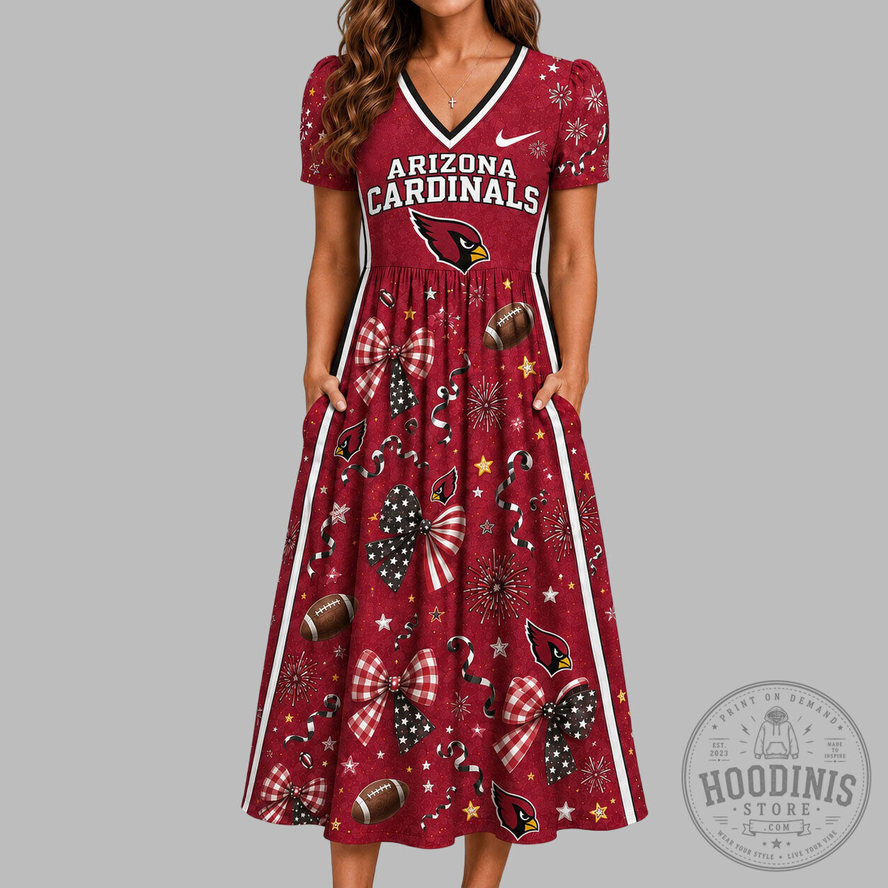 Arizona Cardinals Christmas Holiday Football Pattern V-Neck Dress