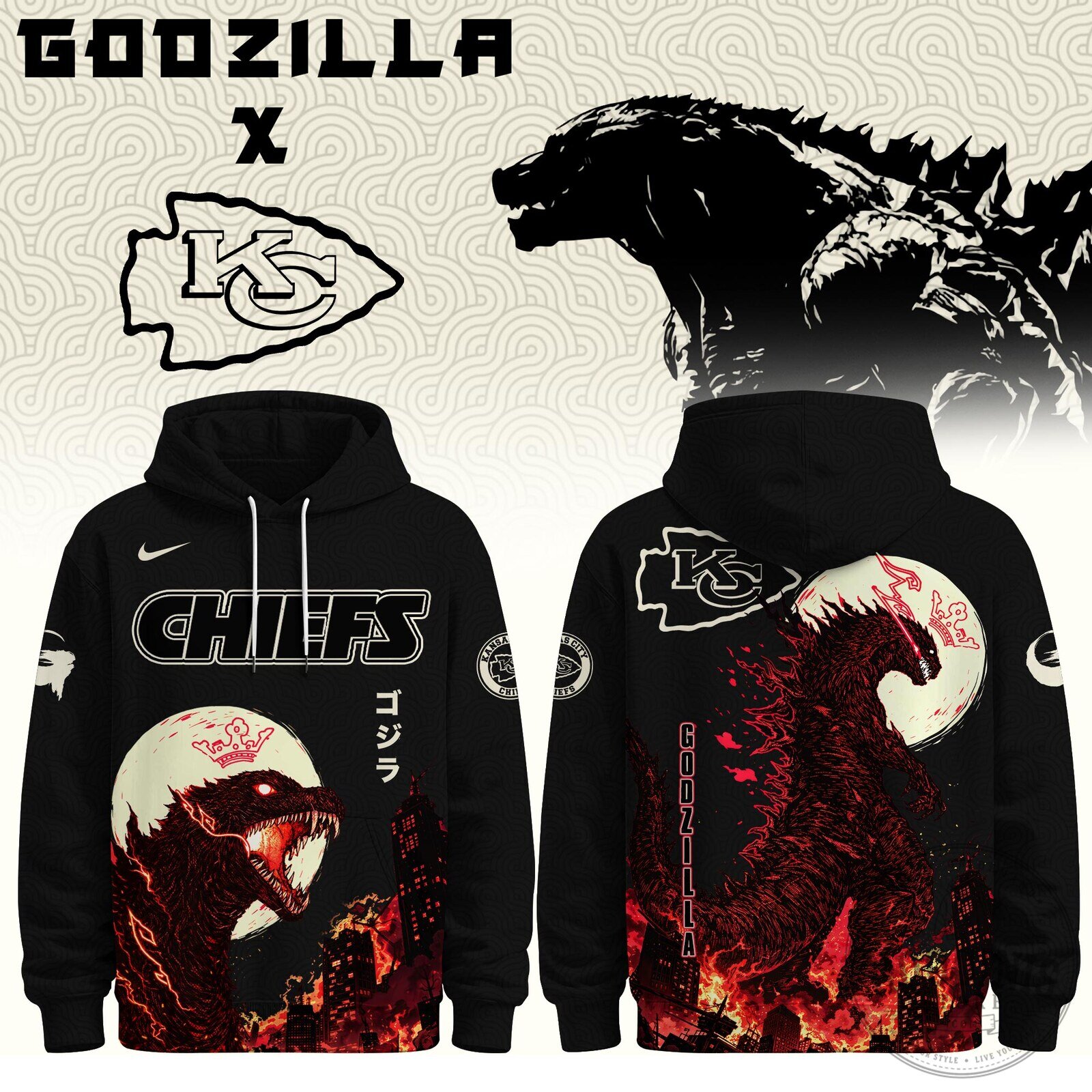 Kansas City Chiefs Godzilla Minus One Movie Crossover Black Hoodie