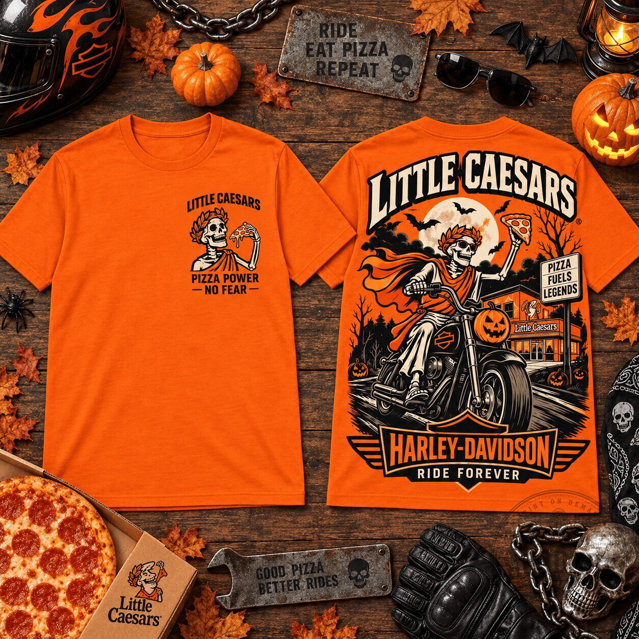 Little Caesars Harley Davidson Pizza Biker Halloween Graphic T-Shirt