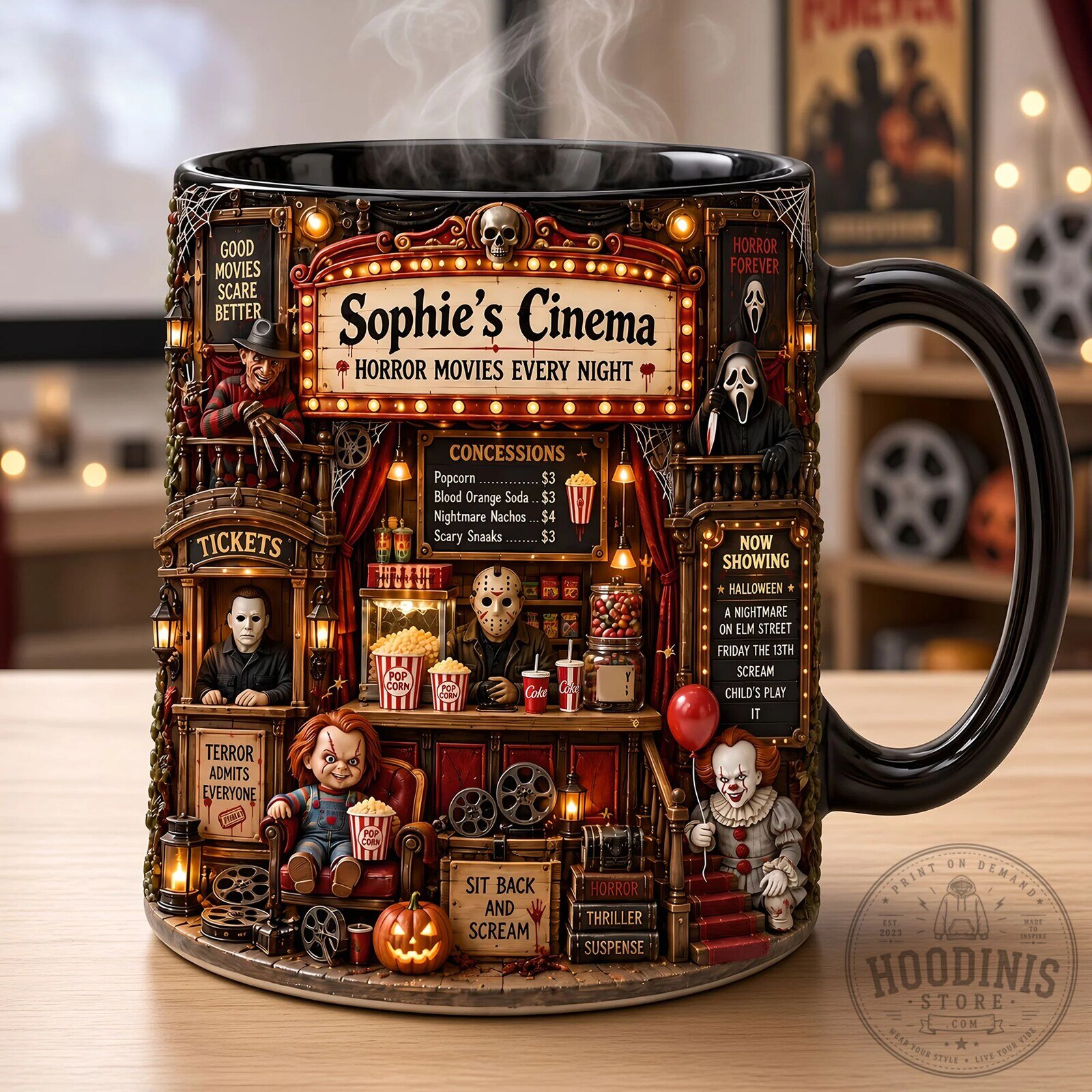 Horror Movie Theater Marquee Sophie's Cinema Black Ceramic Coffee Mug