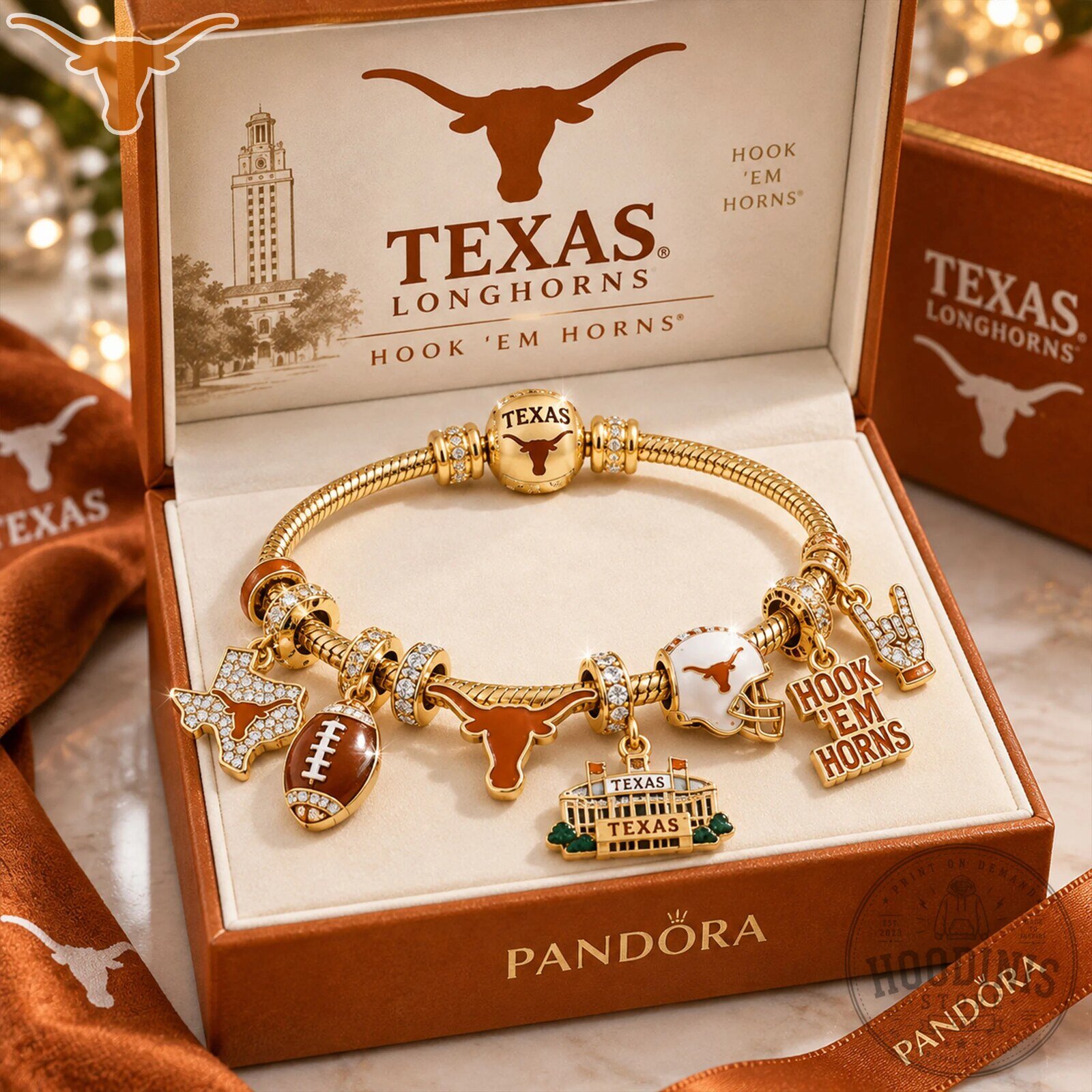 Texas Longhorns Gold Charm Bracelet Set with Hook 'Em Horns Charms