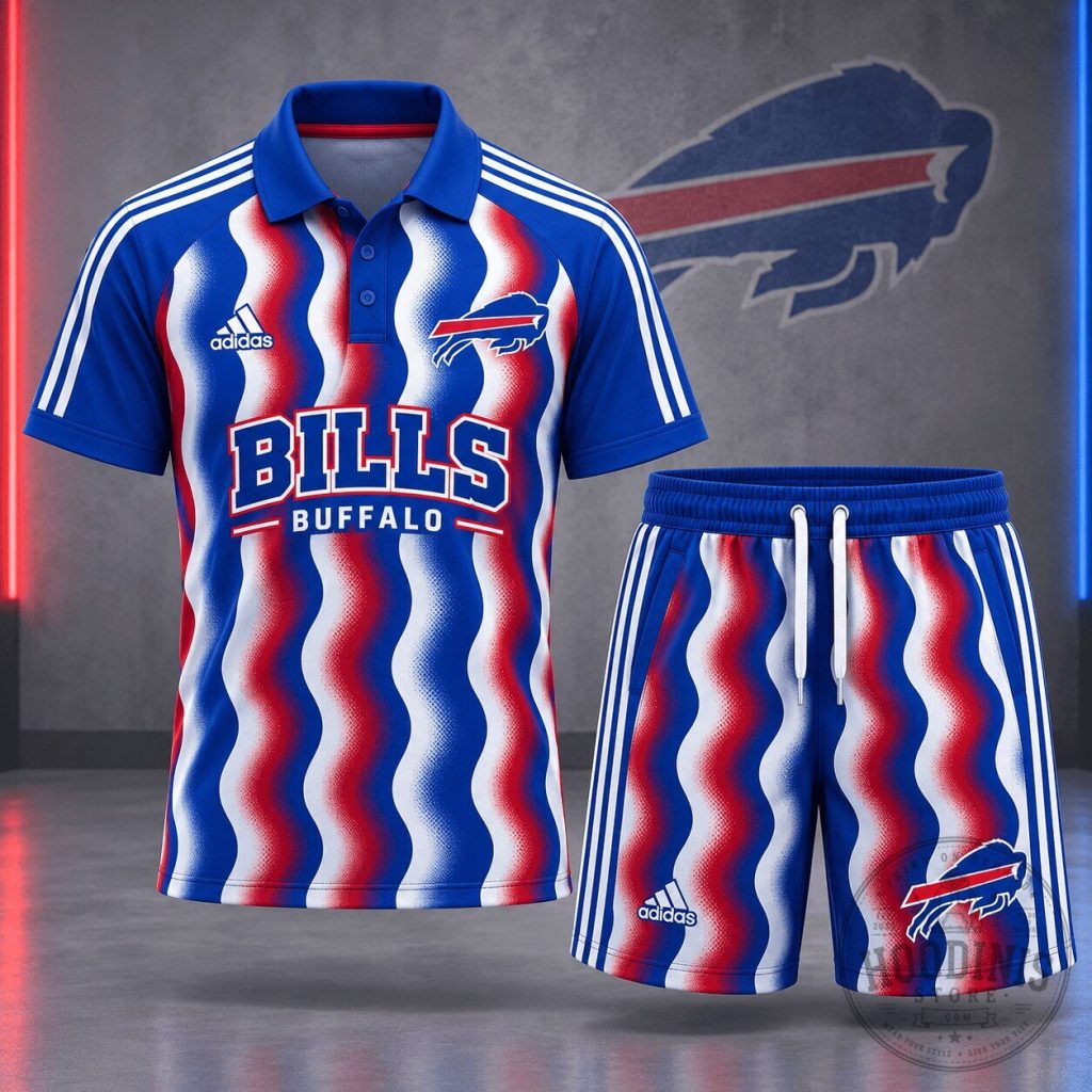 Buffalo Bills NFL Team Wavy Stripes Polo Shirt and Shorts Set Buffalo Bills NFL Team Wavy Stripes Polo Shirt and Shorts Set