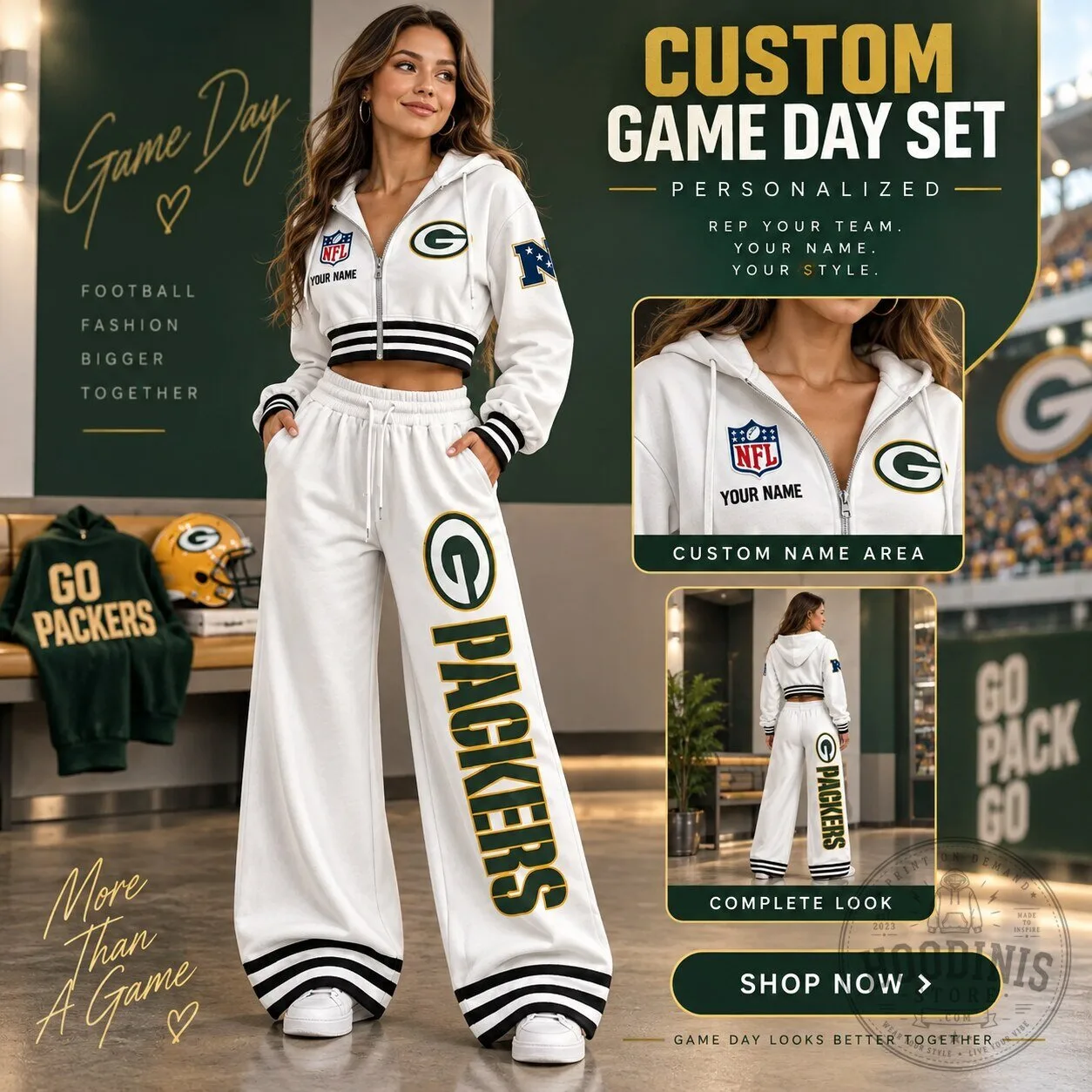 Green Bay Packers NFL Custom Name White Cropped Hoodie and Wide Leg Pants Set