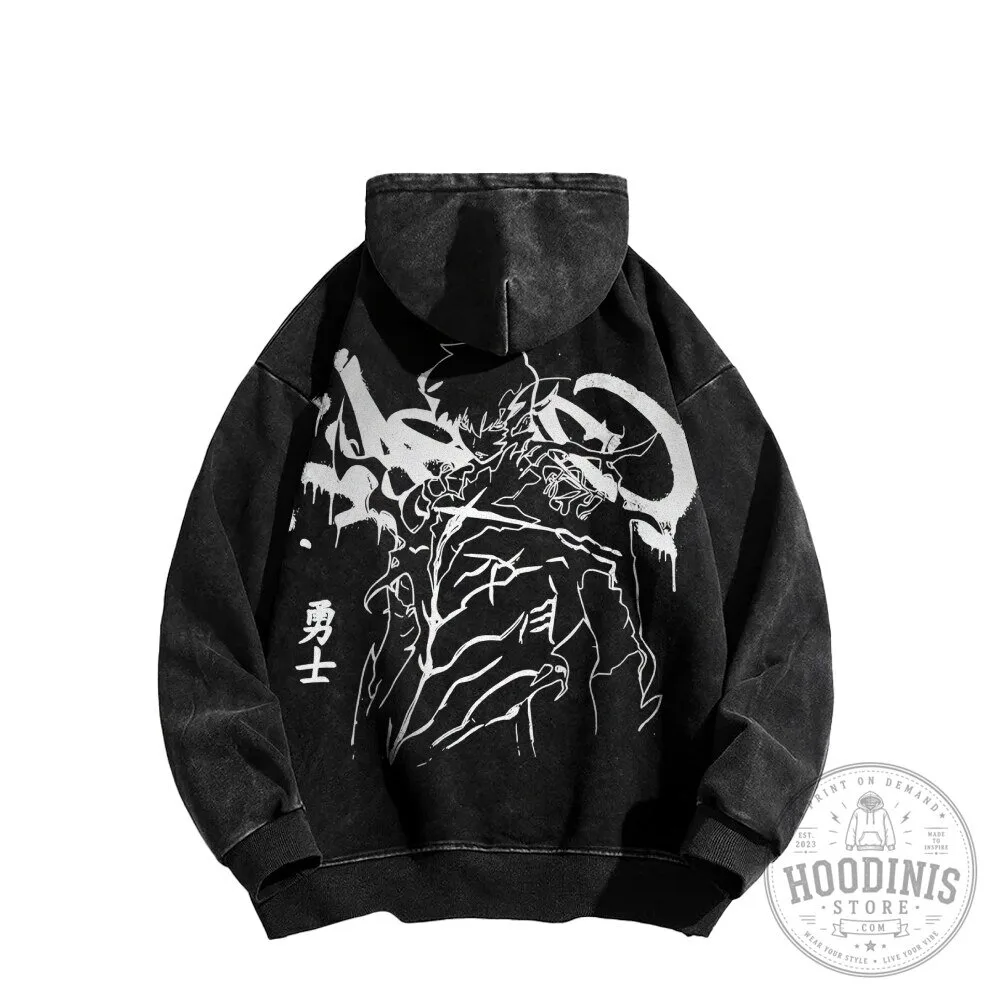 Solo Leveling Anime Manga Washed Black Graphic Print Hoodie