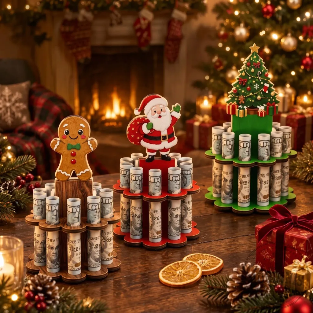 Christmas Wooden Money Holder with Santa Claus and Gingerbread Man Design Christmas Wooden Money Holder with Santa Claus and Gingerbread Man Design