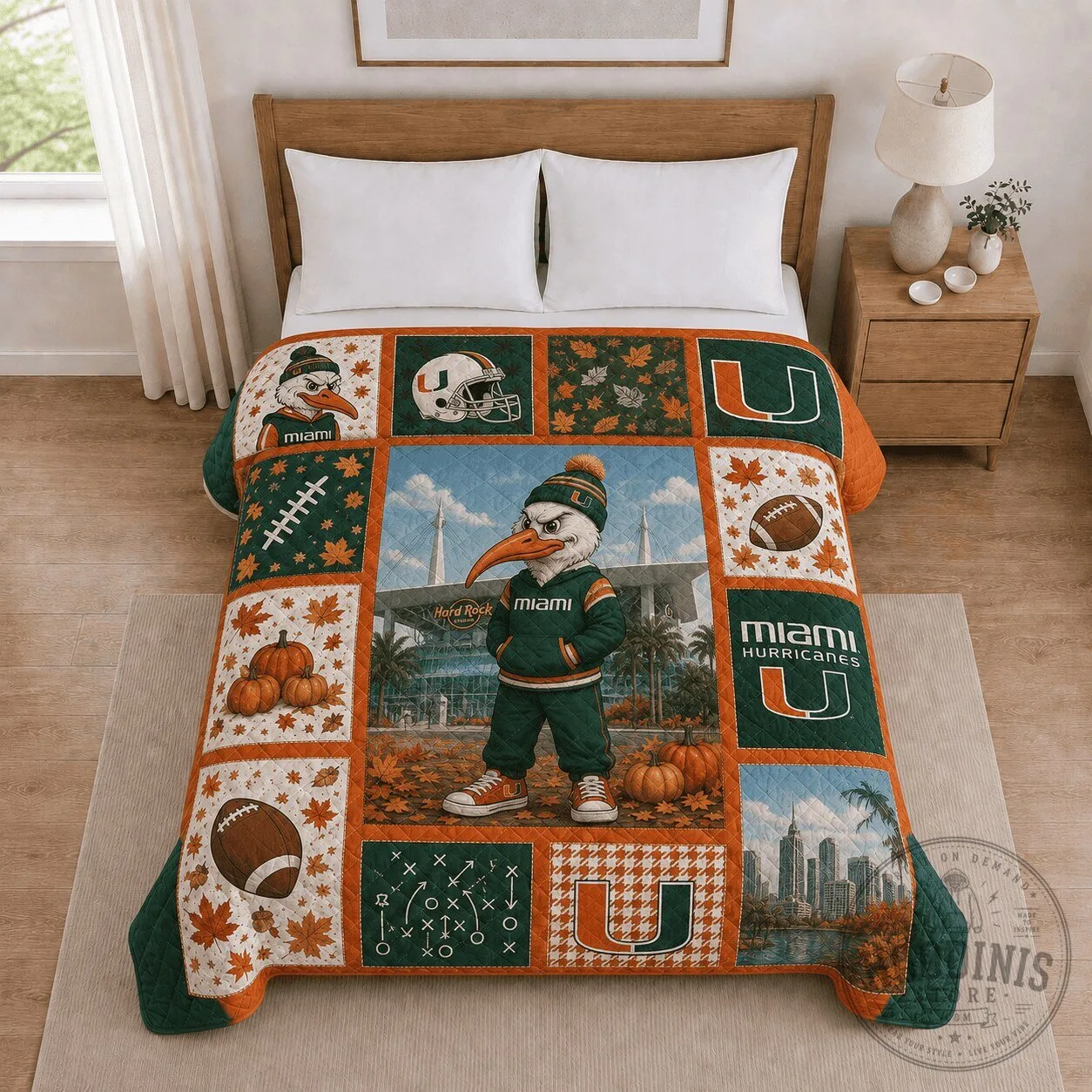 Miami Hurricanes Football Fall Autumn Leaves Quilted Blanket