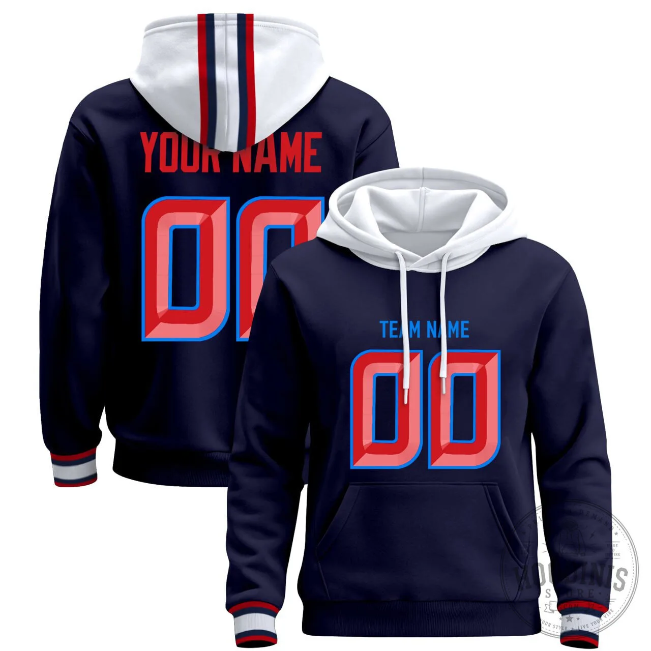 Custom Pullover Hoodie in Deep Steel Blue Featuring Red and White Stripes