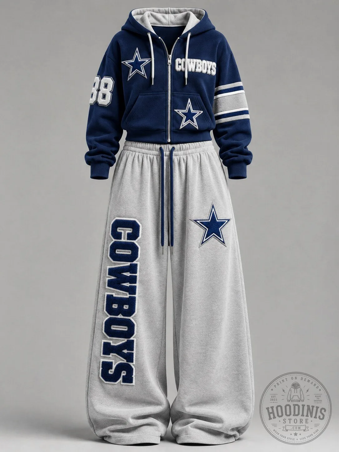 Dallas Cowboys Navy Blue Full Zip Hoodie and Gray Sweatpants Set