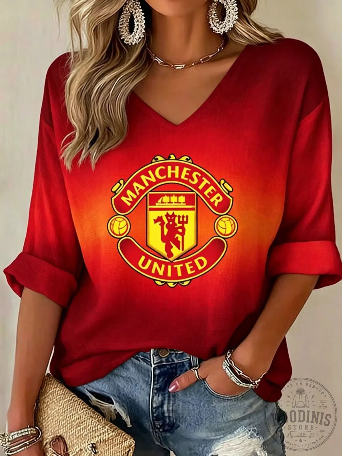 Manchester United Football Club Women's Casual V-Neck T-Shirt