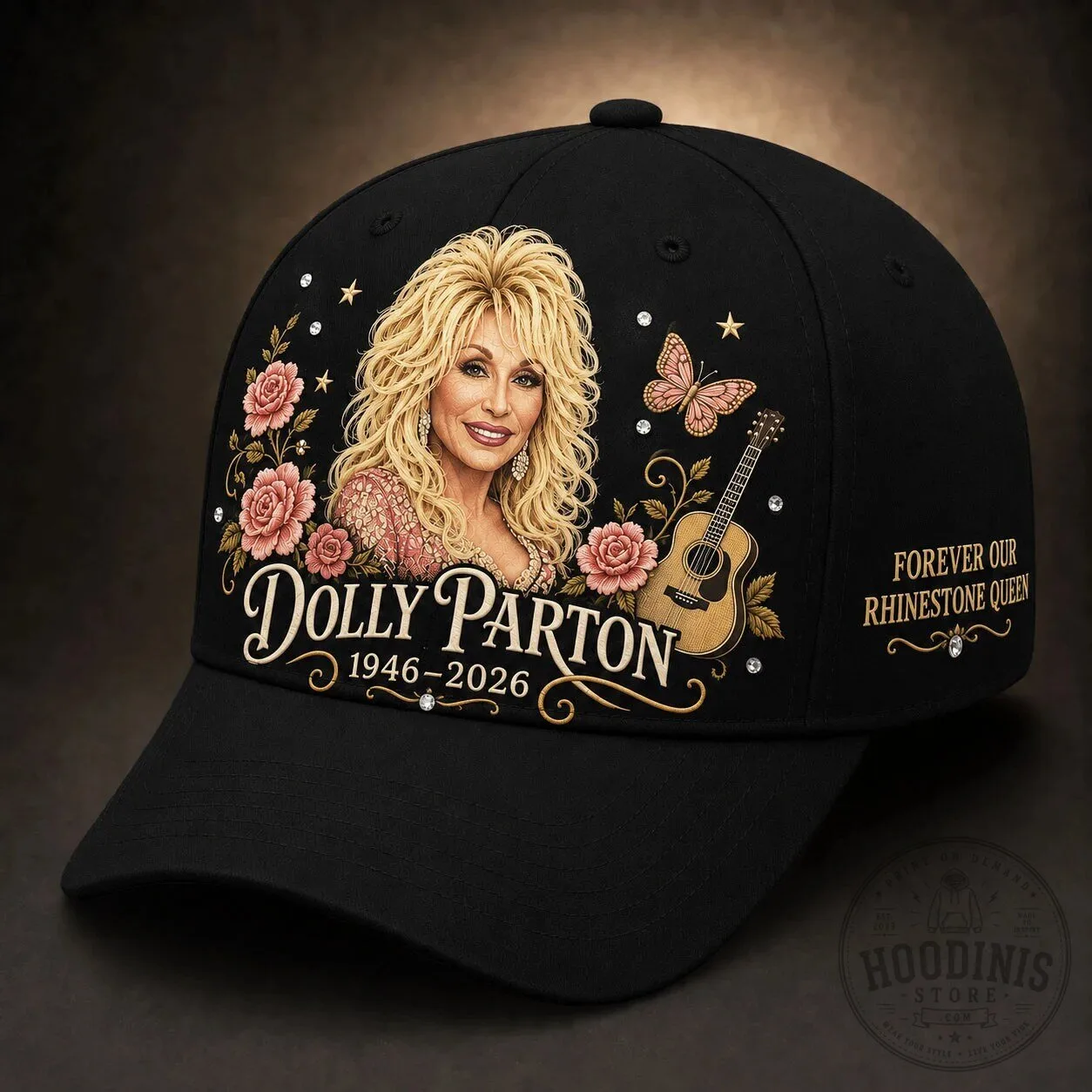 Dolly Parton Rhinestone Queen Rose Garden Black Baseball Cap Hat