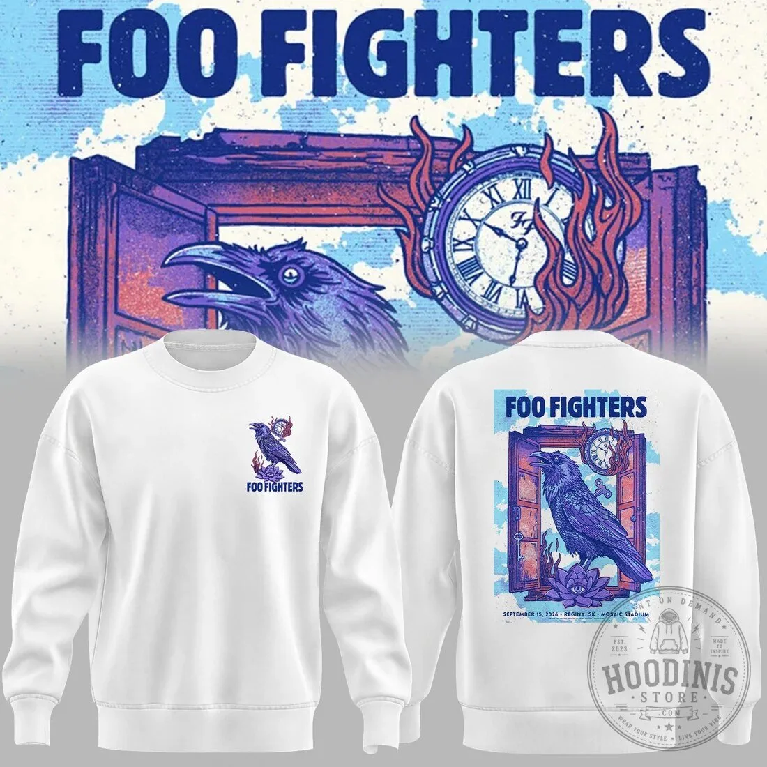 Foo Fighters Purple Raven Clock Lotus Flower Concert Tour White Sweatshirt