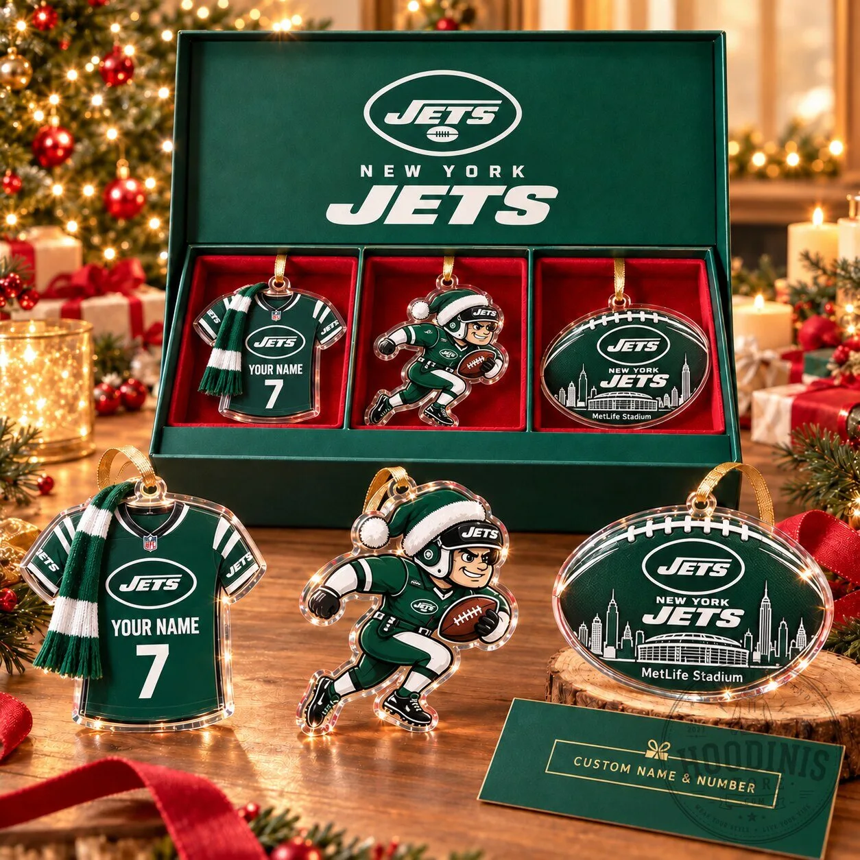 New York Jets Football Team Custom Name Christmas Tree Acrylic Ornament Set