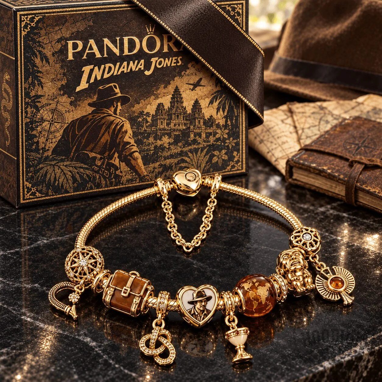 Pandora Indiana Jones Gold Charm Bracelet Set with Heart Clasp