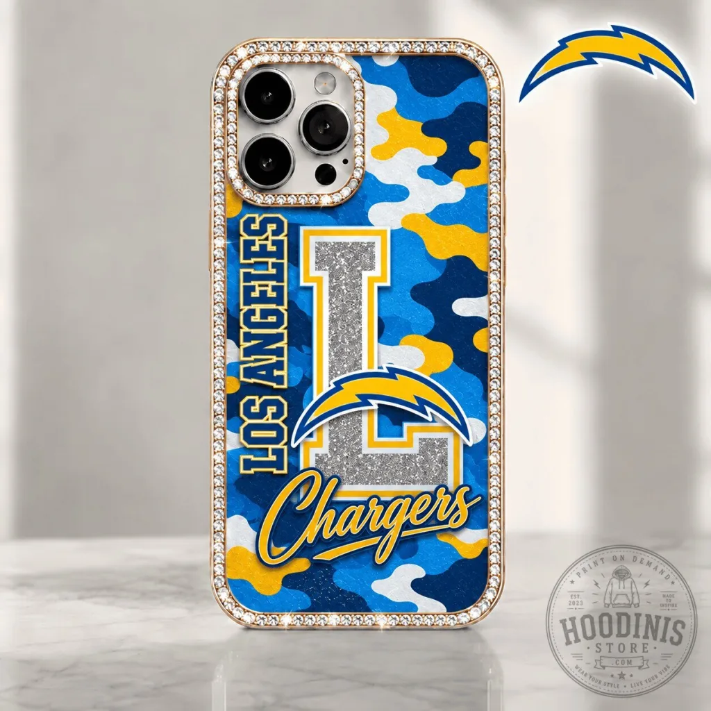 Los Angeles Chargers Football Team Blue Camouflage Pattern Bling Phone Case Los Angeles Chargers Football Team Blue Camouflage Pattern Bling Phone Case