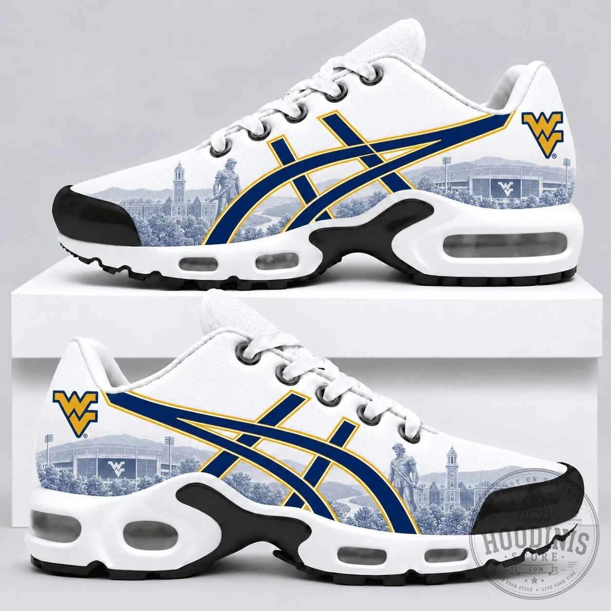 West Virginia Mountaineers University Campus Skyline Athletic Shoes 2 West Virginia Mountaineers University Campus Skyline Athletic Shoes