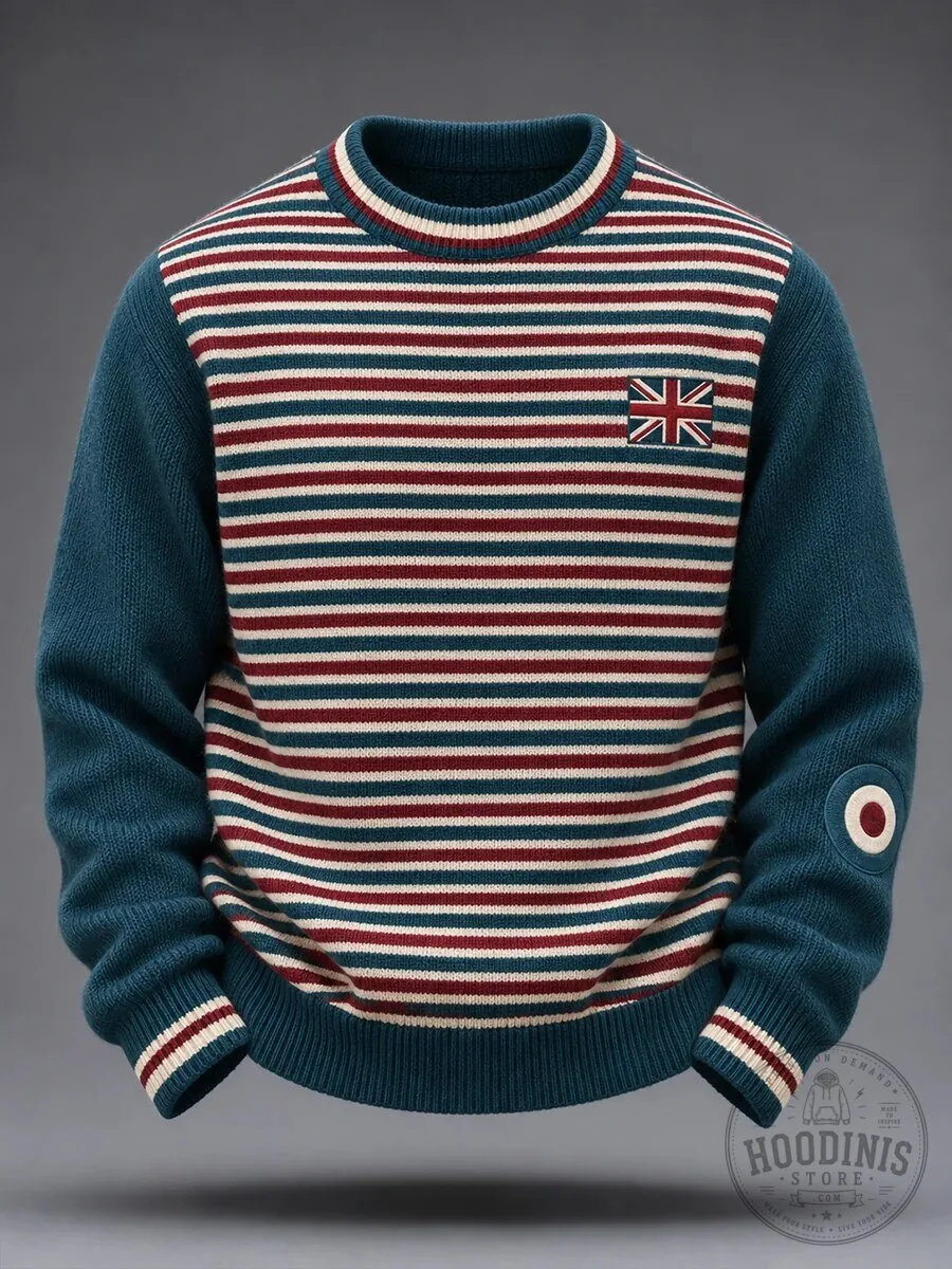 British Mod Style Striped Crewneck Sweater with Union Jack and Target Patches