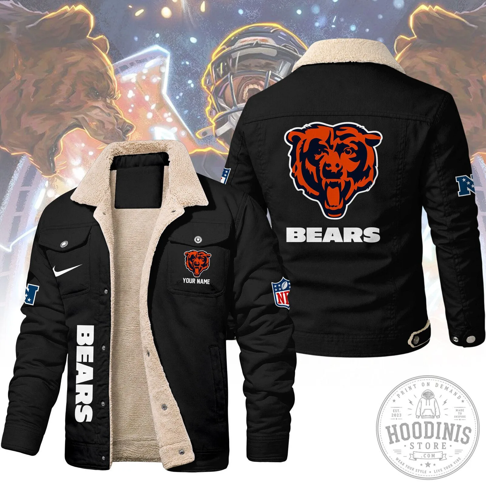 Chicago Bears NFL Football Team Sherpa Fleece Lined Denim Jacket