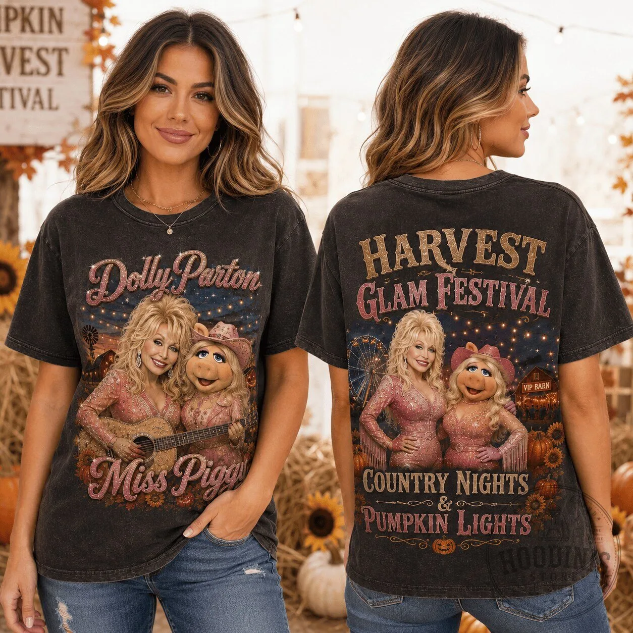 Dolly Parton Miss Piggy Harvest Glam Festival Country Nights Pumpkin Lights T-Shirt