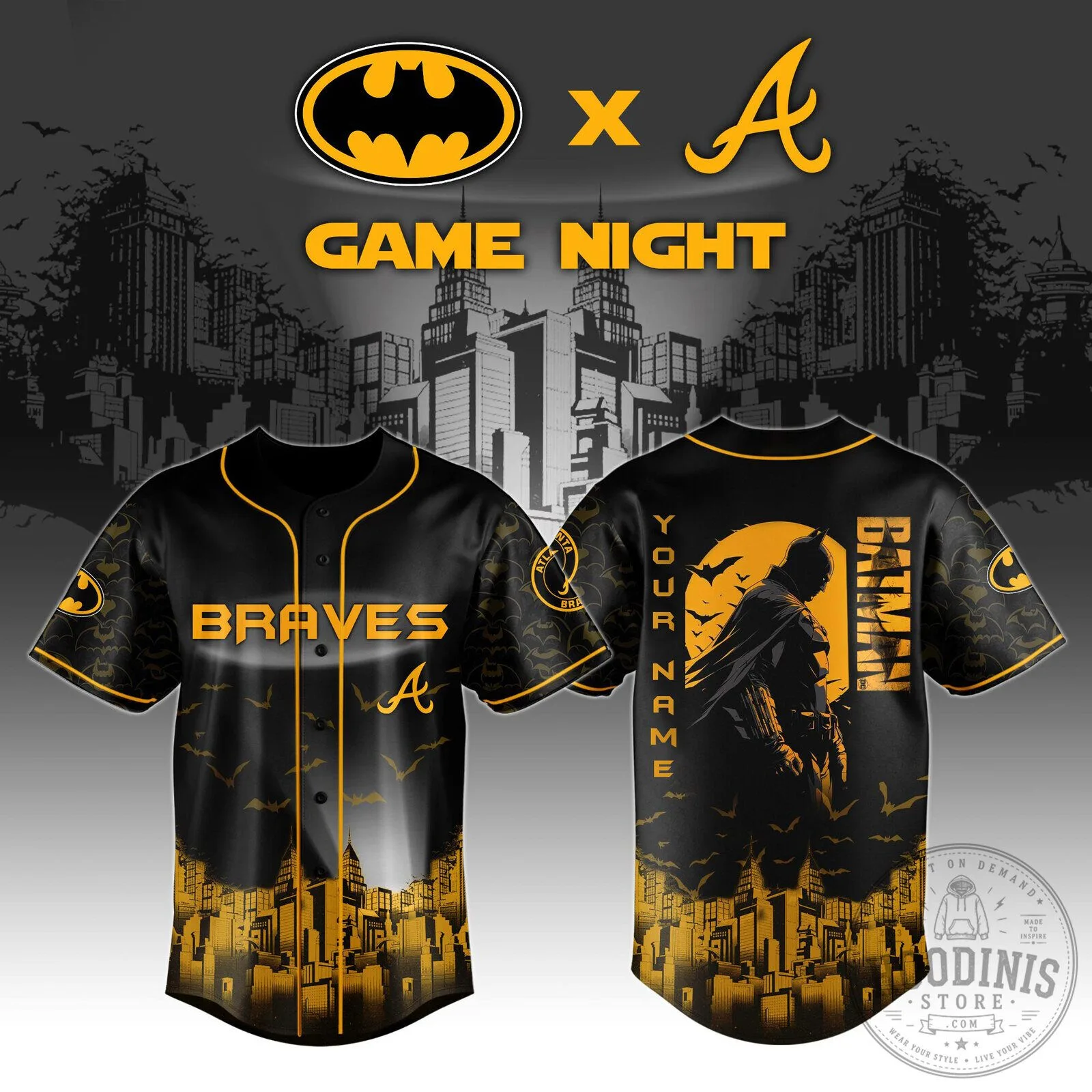 Batman Atlanta Braves Baseball Game Night Black and Gold Baseball Jersey
