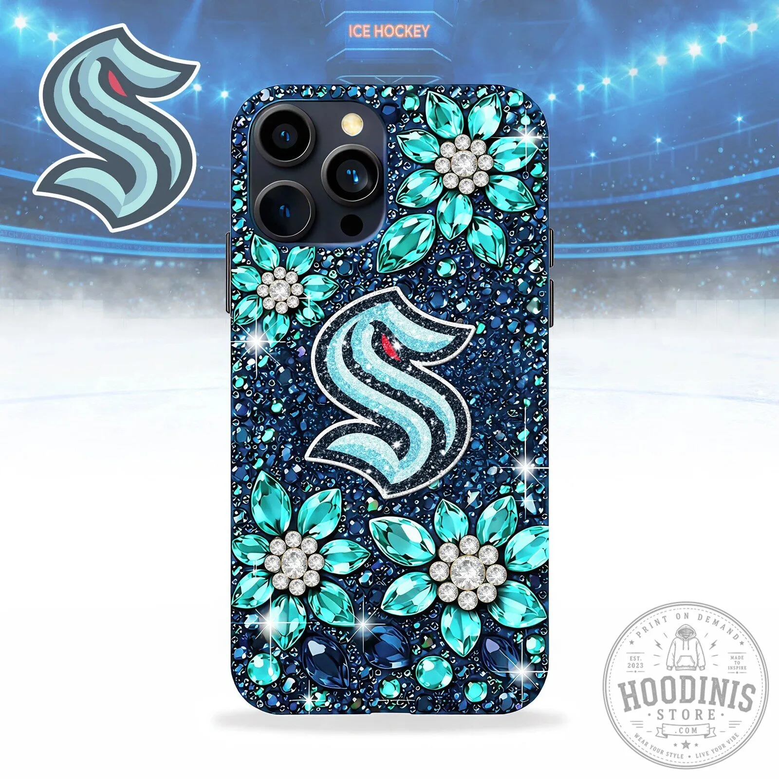 Seattle Kraken Luxury Phone Case, NHL Ice Hockey Team Sparkle Rhinestone Phone Case