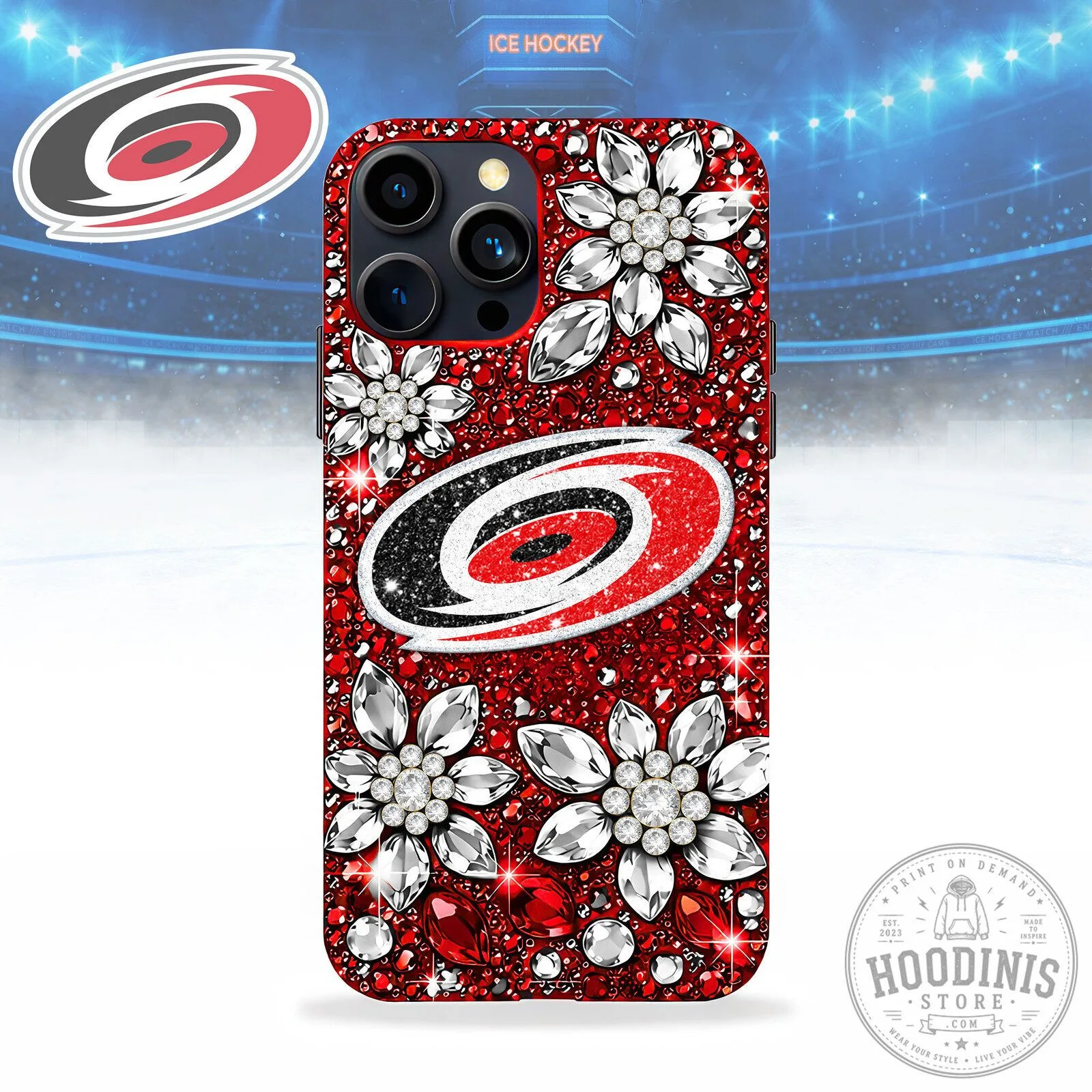 Luxury Phone Case for Carolina Hurricanes NHL Ice Hockey Team with Rhinestone Flowers
