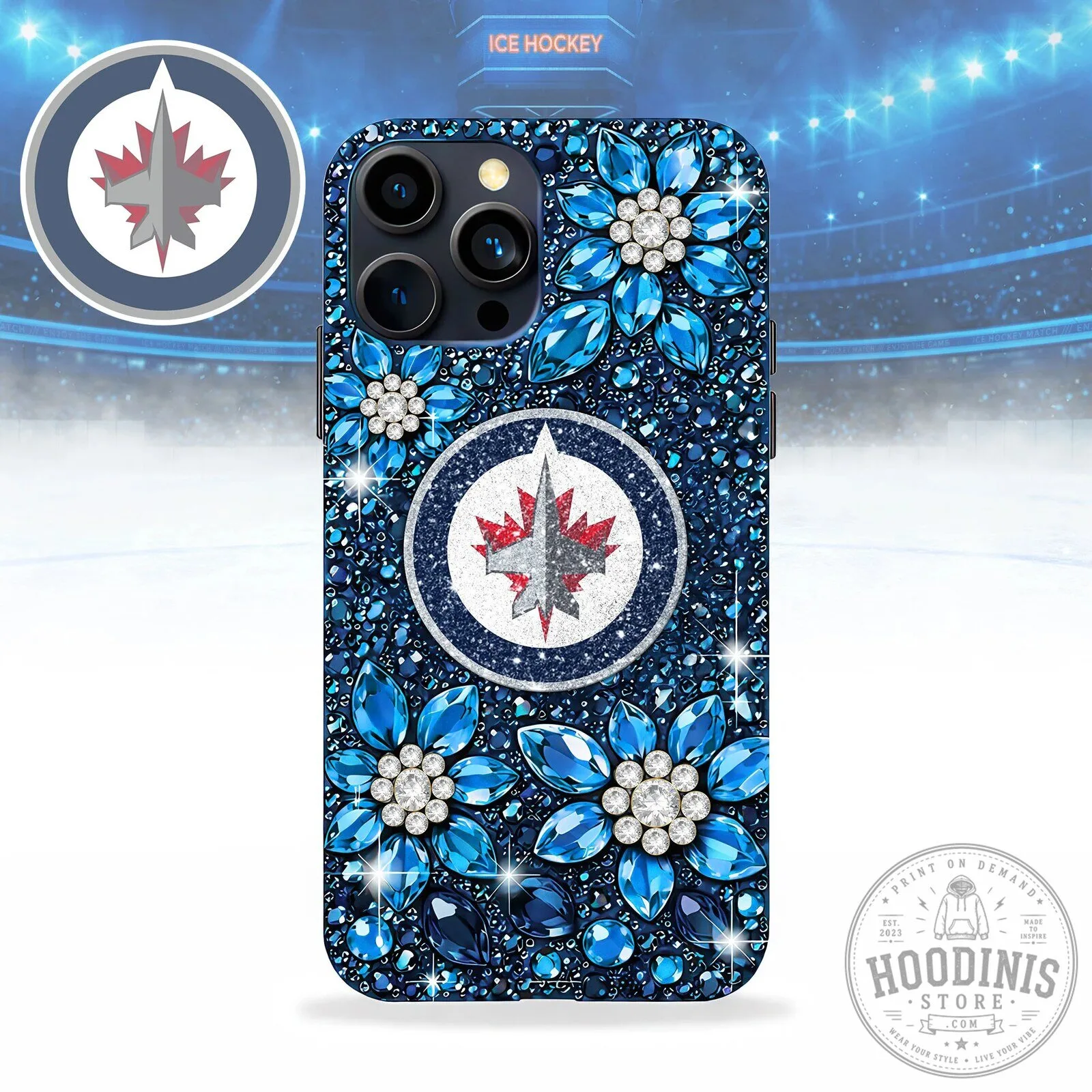 Winnipeg Jets Luxury Phone Case with Blue Gemstones and Team Logo