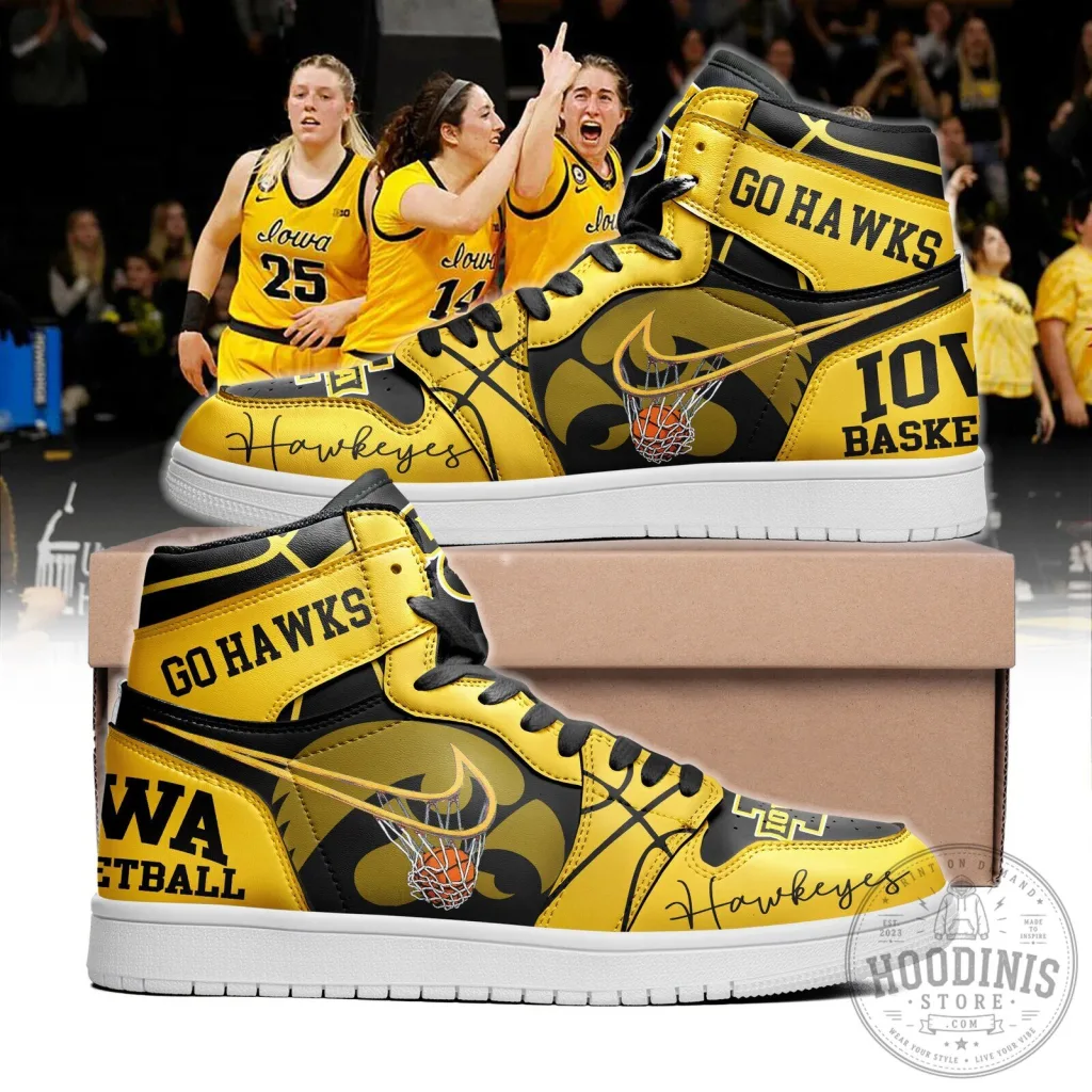 Iowa Hawkeyes Basketball Team Go Hawks High Top Sneakers 16 Iowa Hawkeyes Basketball Team Go Hawks High Top Sneakers