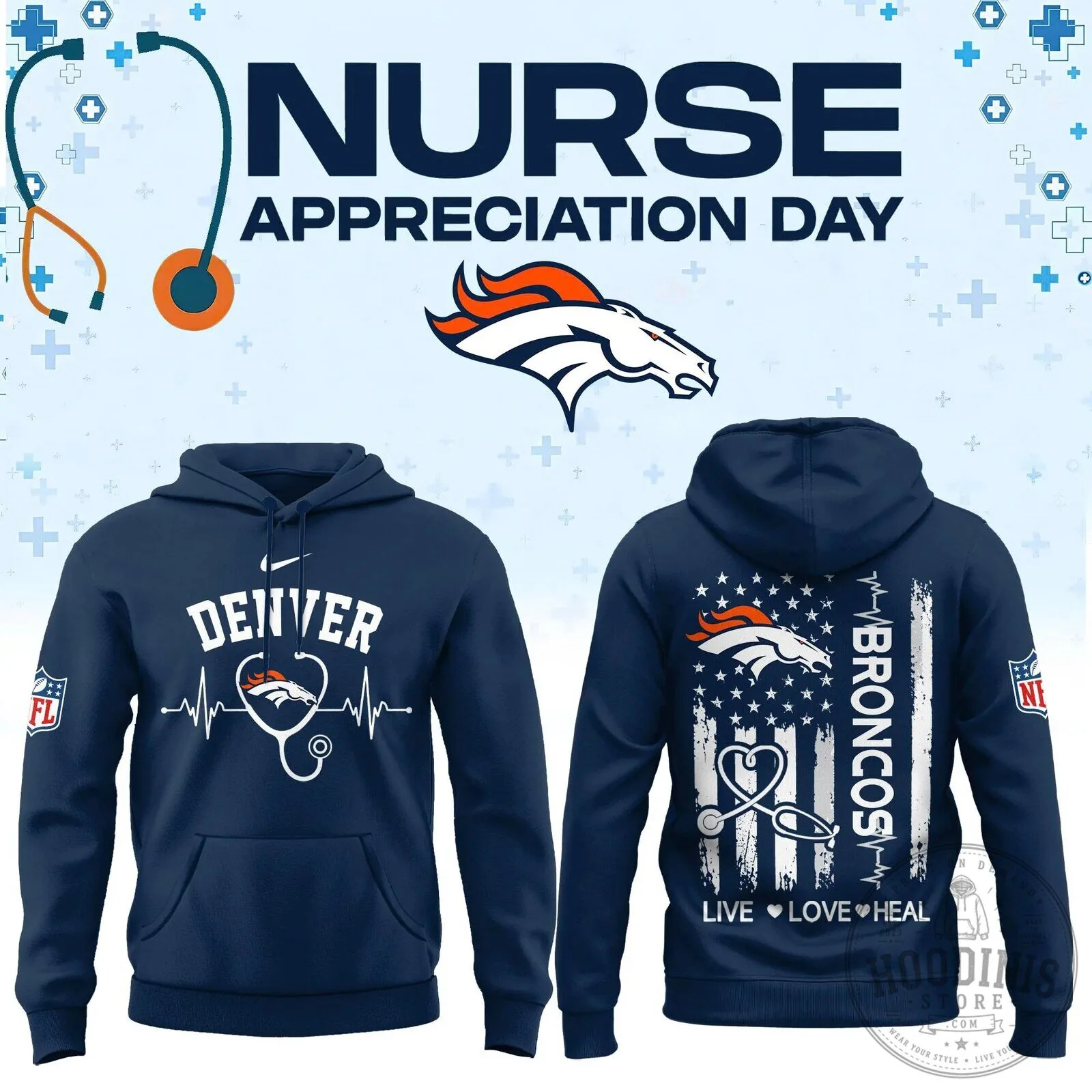 Denver Broncos Nurse Appreciation Day Live Love Heal Heartbeat Hoodie