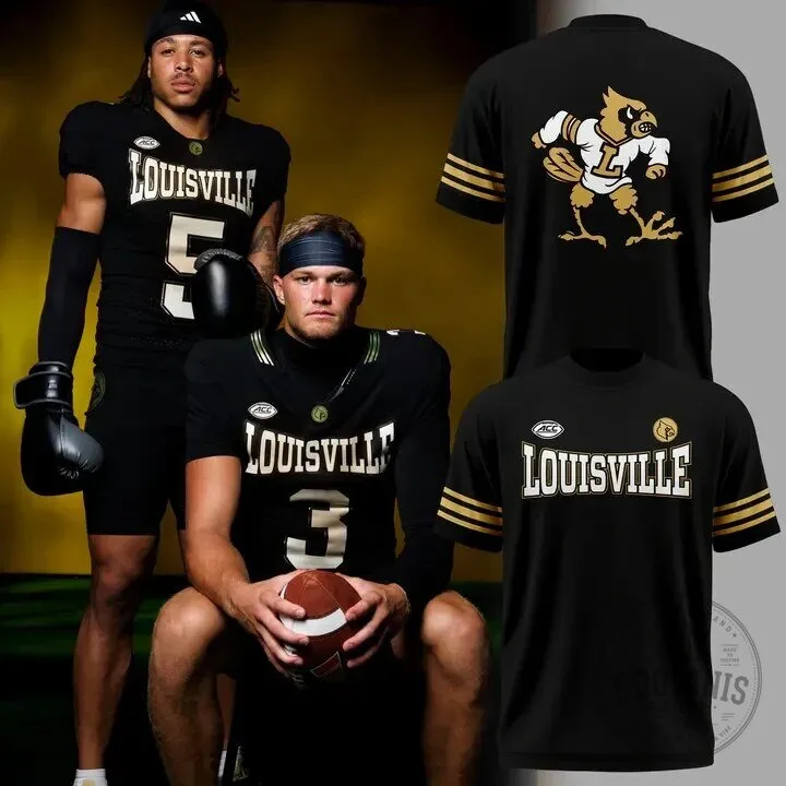 Louisville Football Cardinals Black and Gold Striped T-Shirt