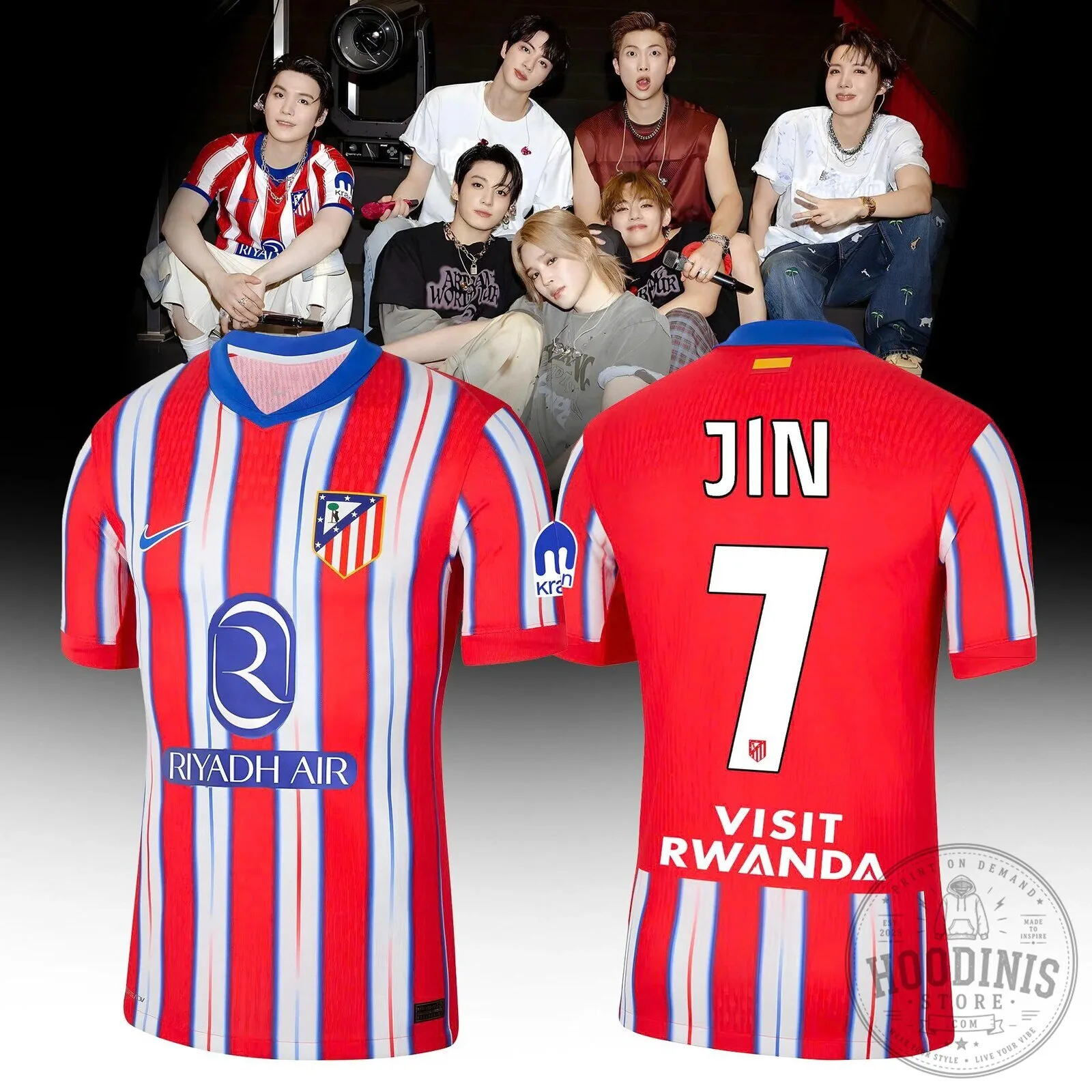 Atletico Madrid Red and White Striped Soccer Jersey with JIN Number 7