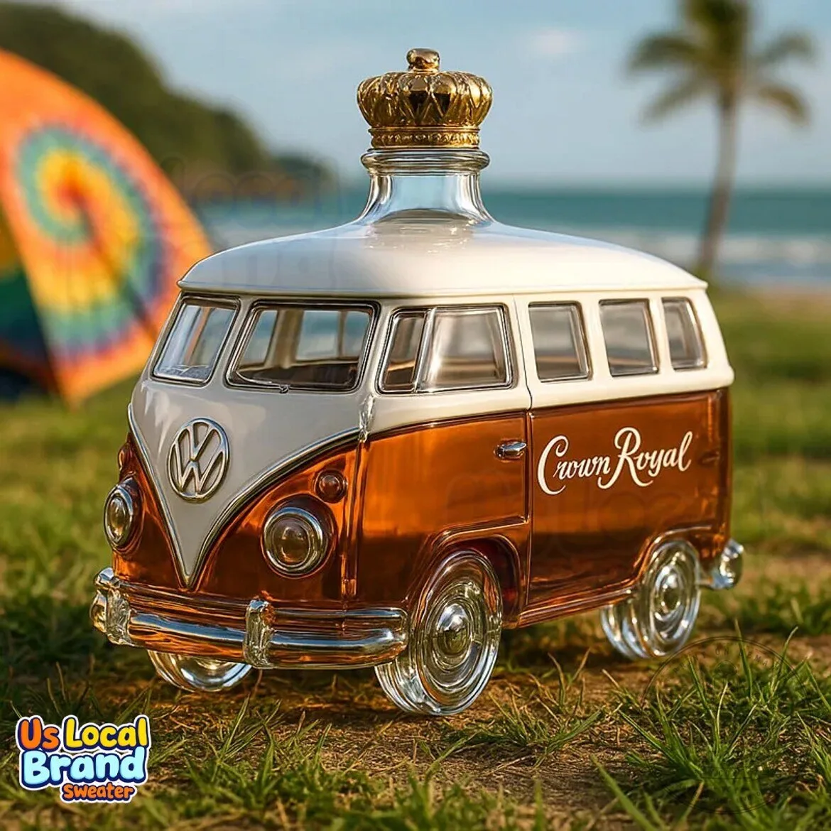 Volkswagen T1 Camper Van Crown Royal Whiskey Decanter Bottle with Gold Crown Stopper