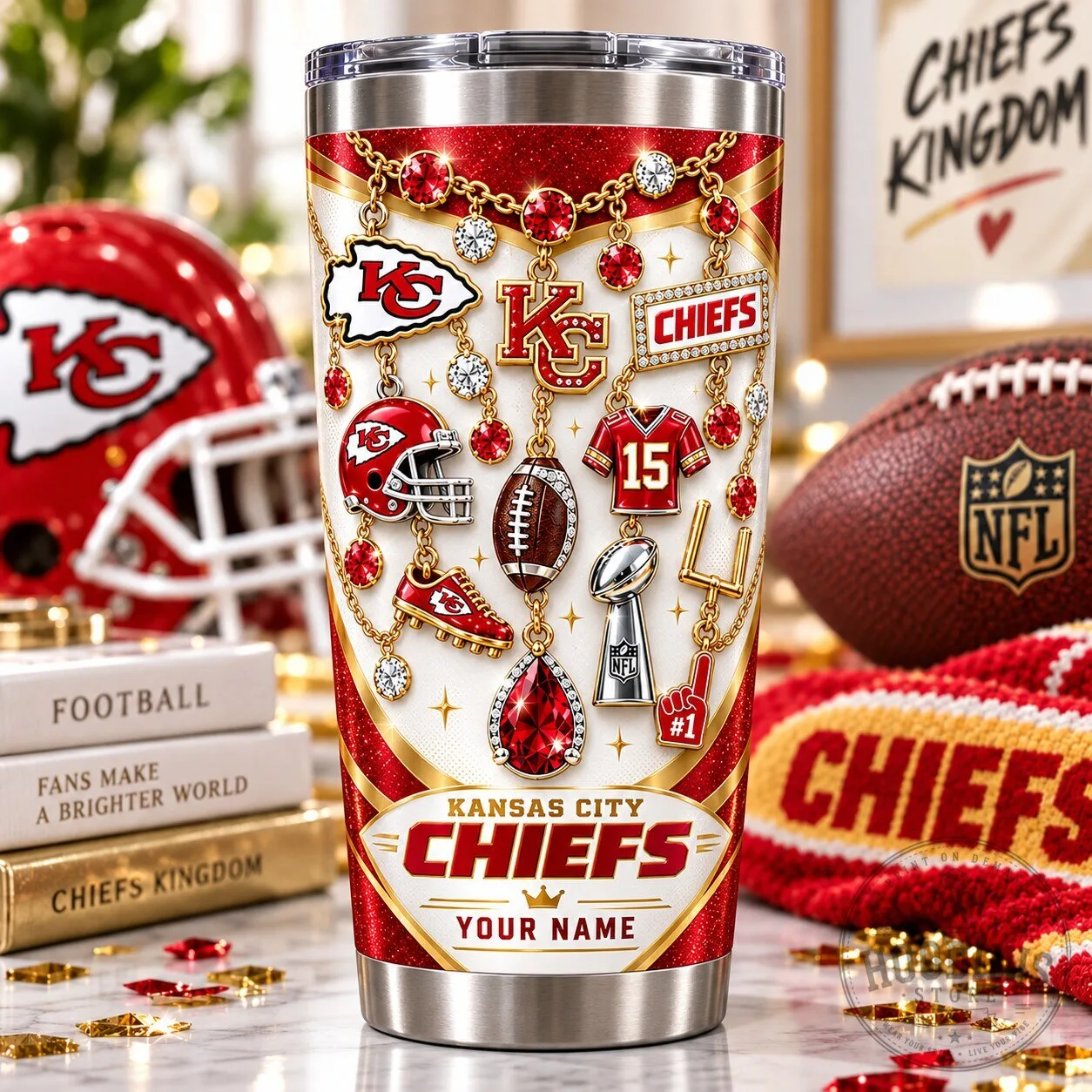 Kansas City Chiefs Football Sparkle Custom Name Stainless Steel Tumbler