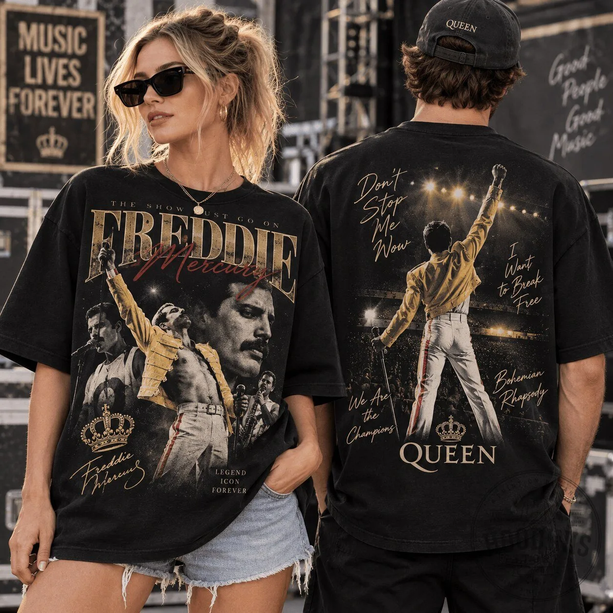 Freddie Mercury Queen Band Concert Tour Music Legend Black T-Shirt
