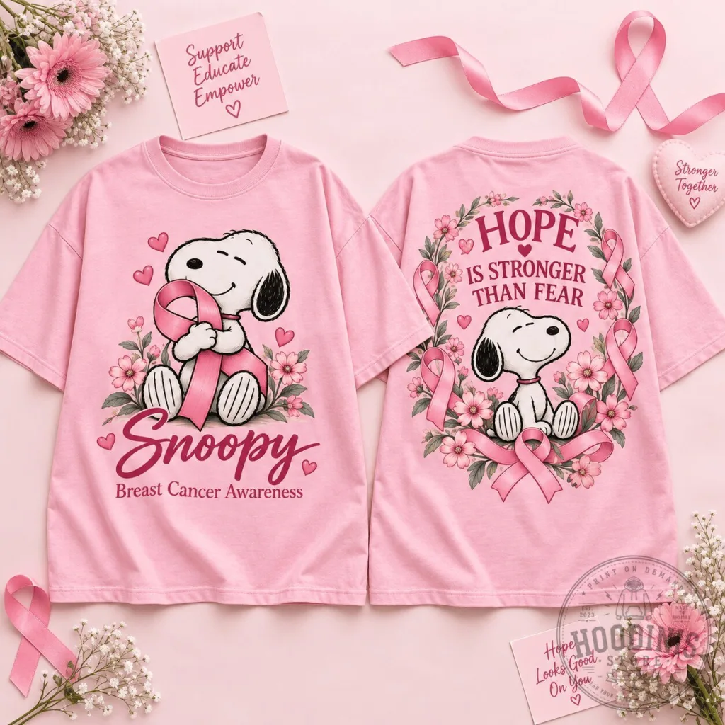 Snoopy Breast Cancer Awareness Pink Ribbon Hope Is Stronger Than Fear T-Shirt