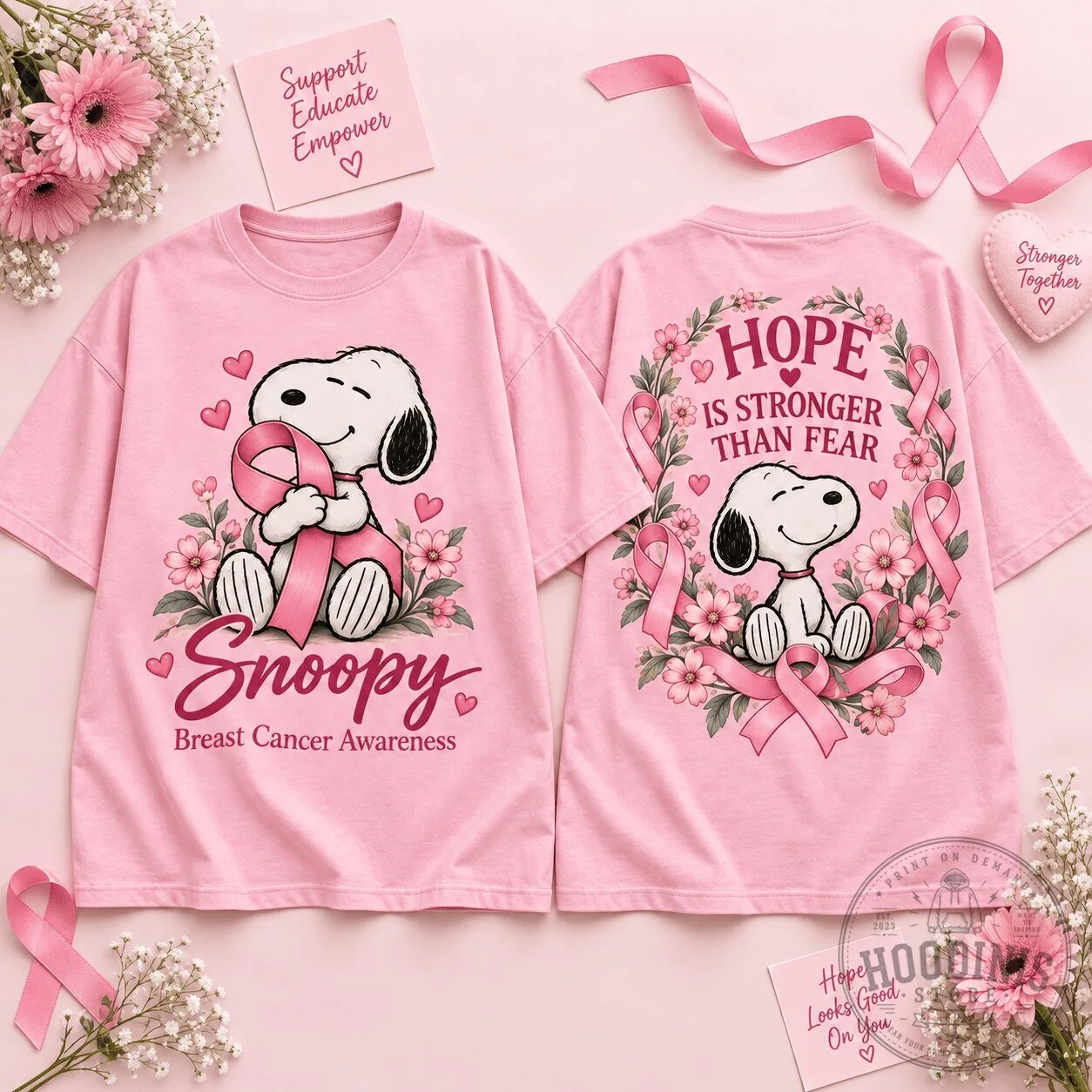 Snoopy Breast Cancer Awareness Pink Ribbon Hope Is Stronger Than Fear T-Shirt