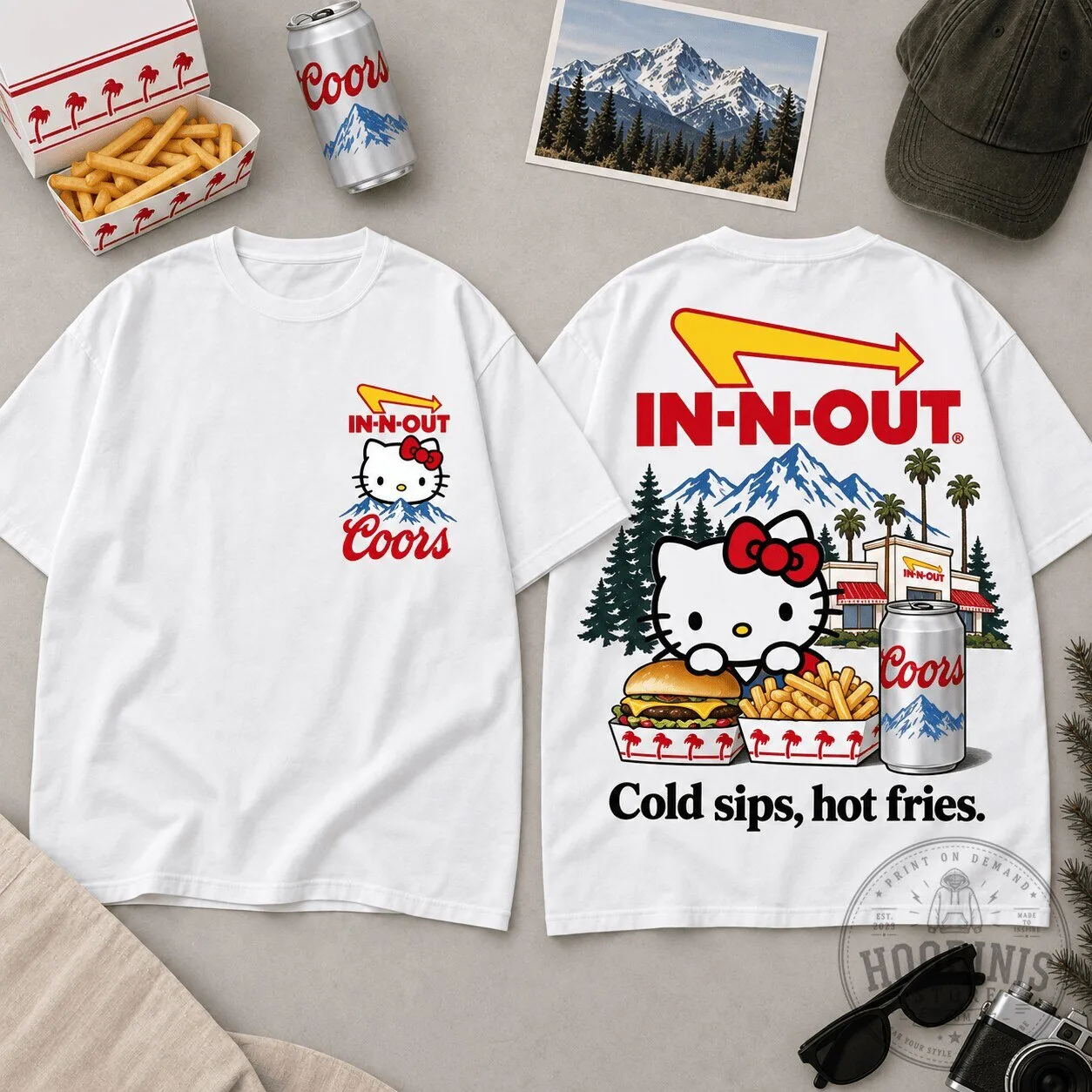Hello Kitty In-N-Out Burger Coors Light Beer Mountain Graphic T-Shirt