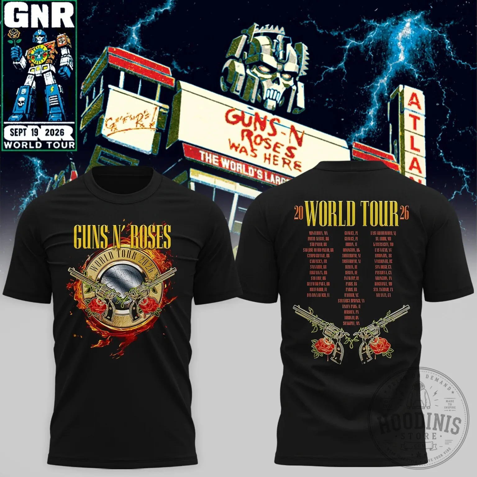 Guns N' Roses World Tour 2026 Concert Schedule Black Graphic T-Shirt