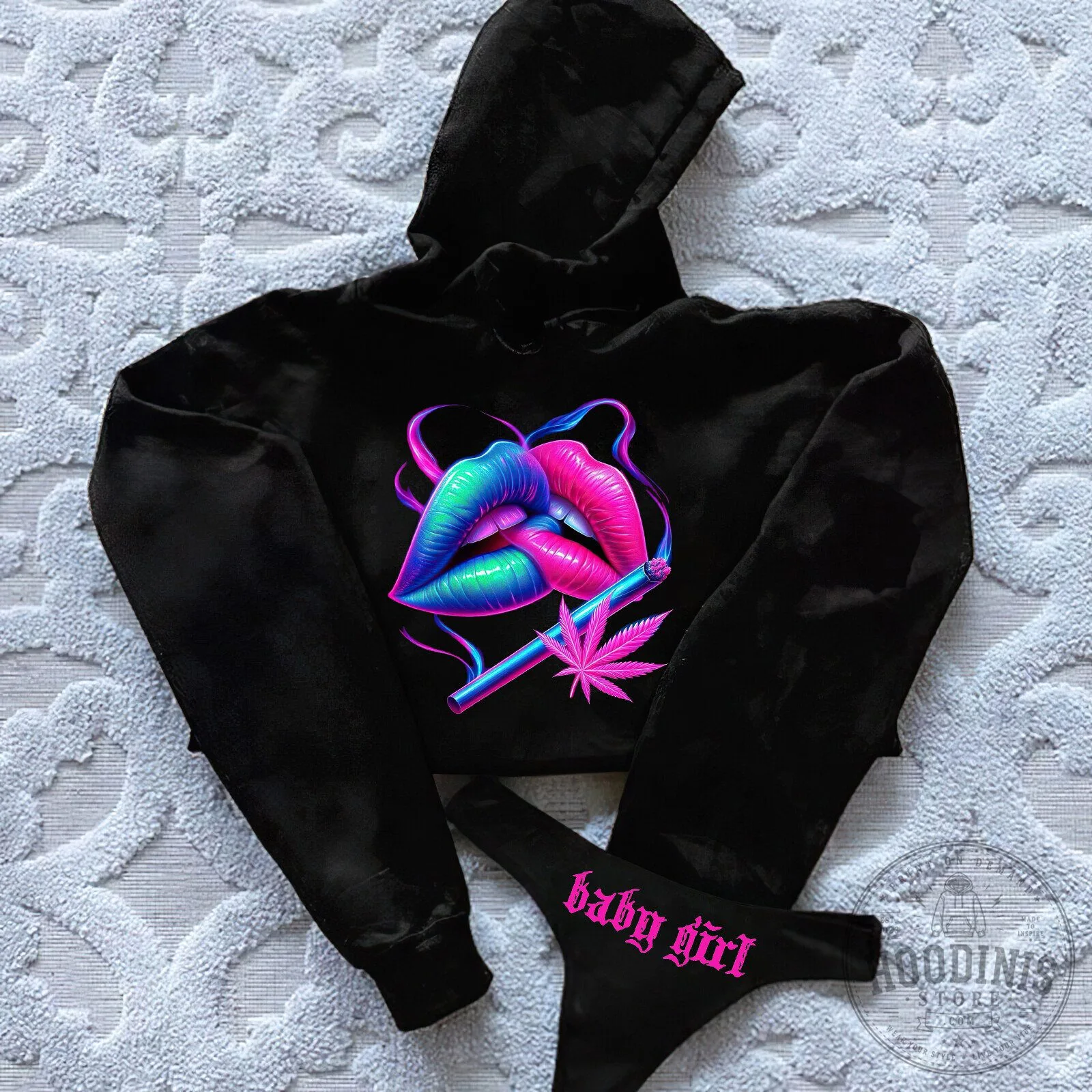 Baby Girl Printed Women's Cropped Hoodie with Cannabis Leaf and Lips Design
