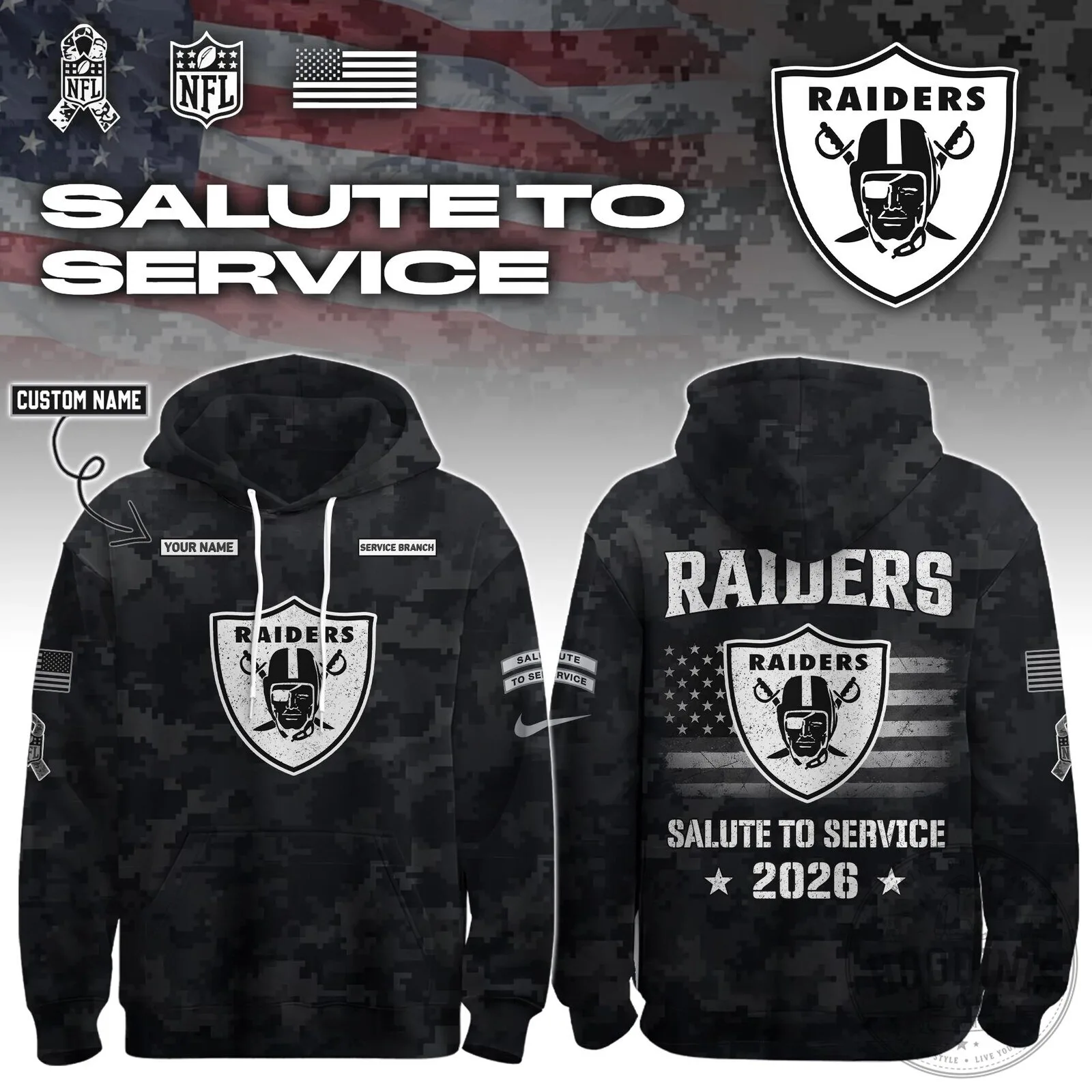 Las Vegas Raiders Salute To Service 2026 NFL Football Team Black Hoodie