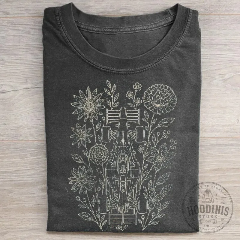 Vintage Formula One Racing Car Floral Graphic Print T-Shirt