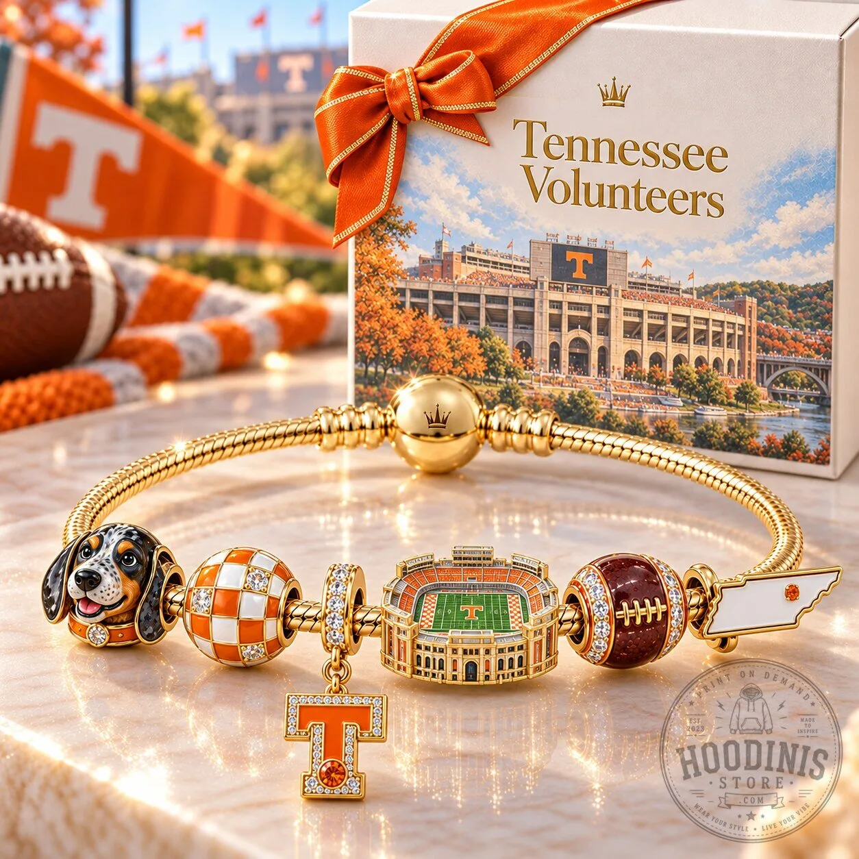 Tennessee Volunteers Football Charm Bracelet with Stadium and Dog Charms