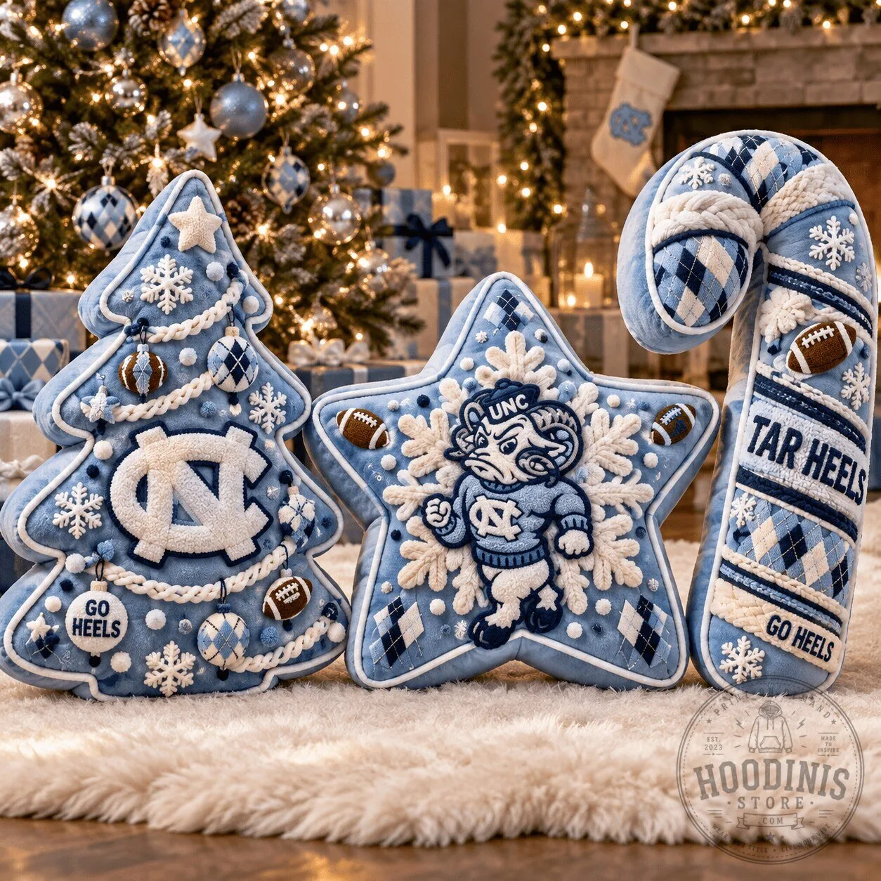 North Carolina Tar Heels Christmas Tree Candy Cane Star Pillow Set