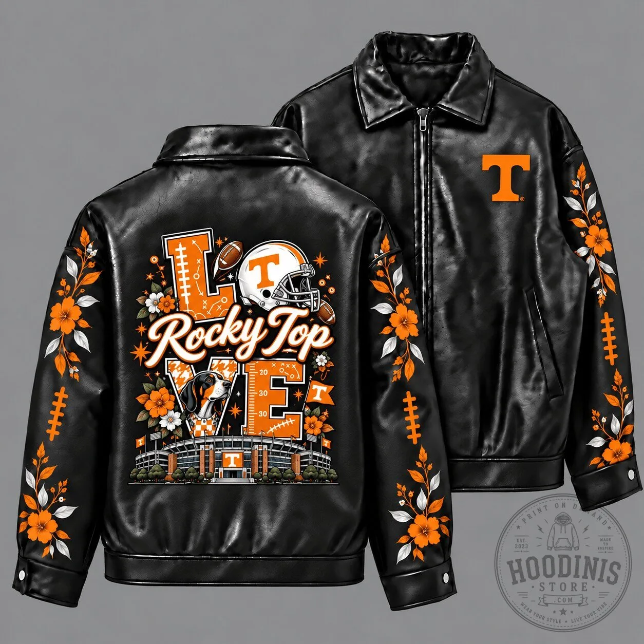 Tennessee Volunteers Football Love Rocky Top Floral Black Leather Jacket